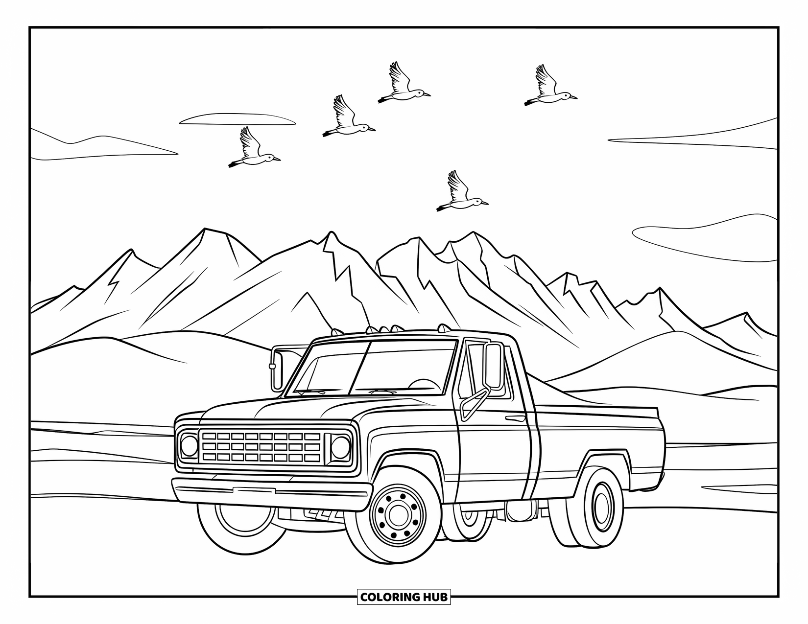 Diesel Truck Coloring Page for Kids: Diesel truck parked in front of mountains with birds flying