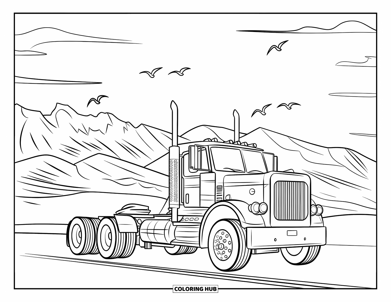 Diesel Truck Coloring Page for Kids: Diesel truck parked near mountains under clear sky with birds
