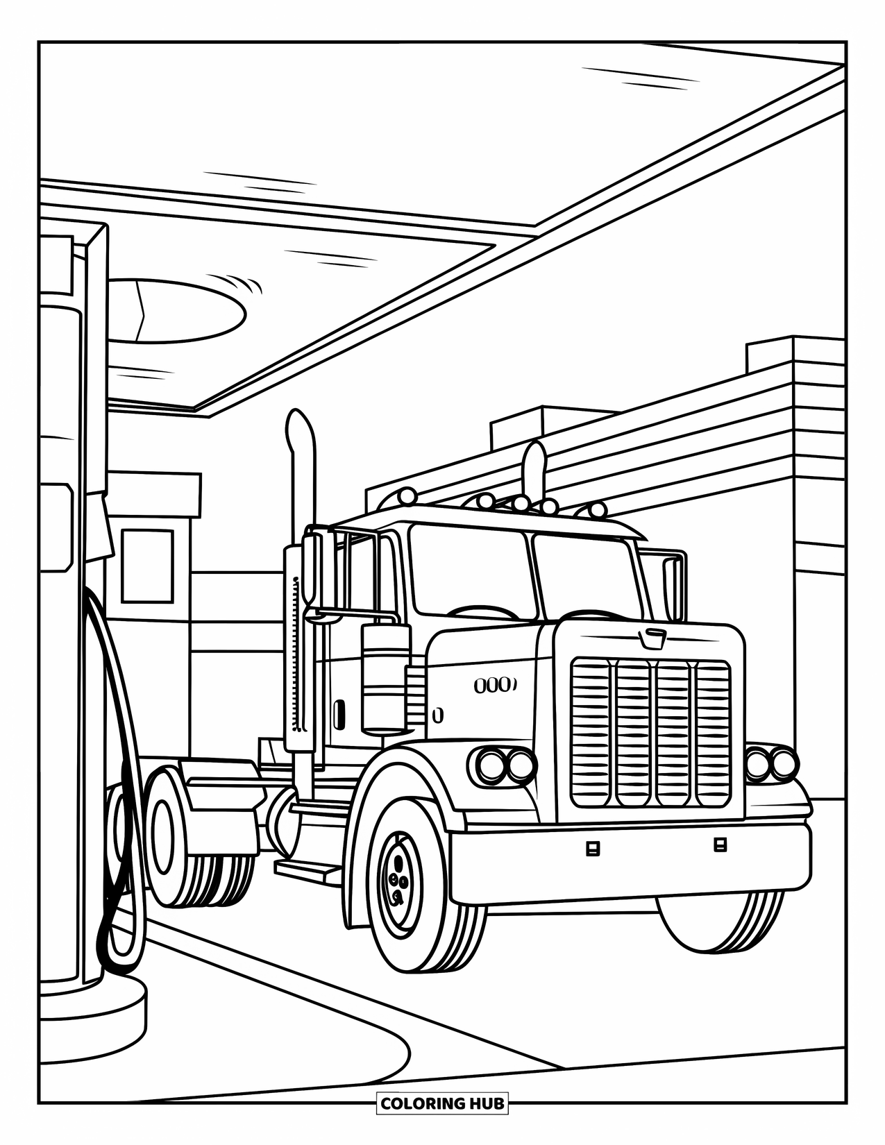 Diesel Truck Coloring Page for Kids: Diesel truck refueling at pump with buildings in background