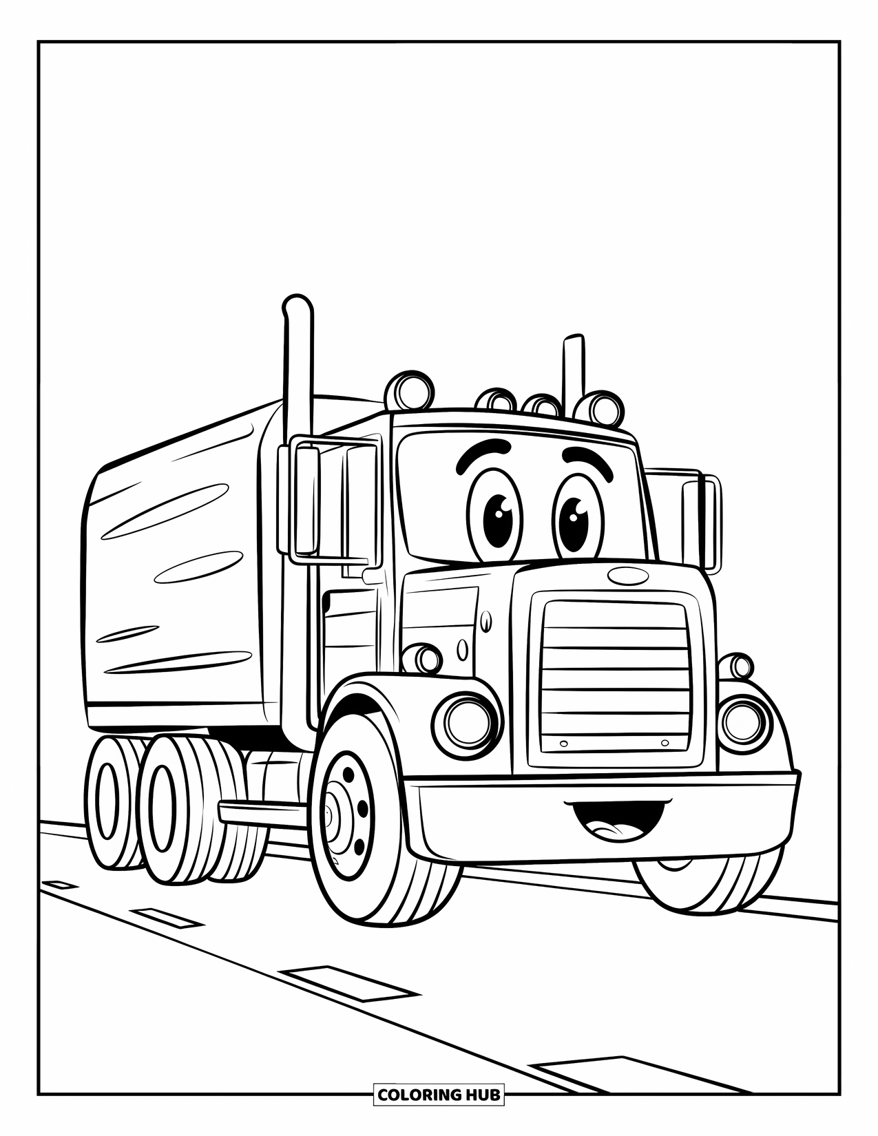Diesel Truck Coloring Page for Kids: Diesel truck with a round smiling face parked on a simple road