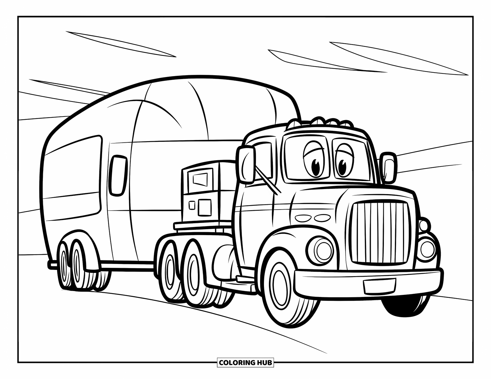 Diesel Truck Coloring Page for Kids: Diesel truck with smiling face hauling tiny trailer and box