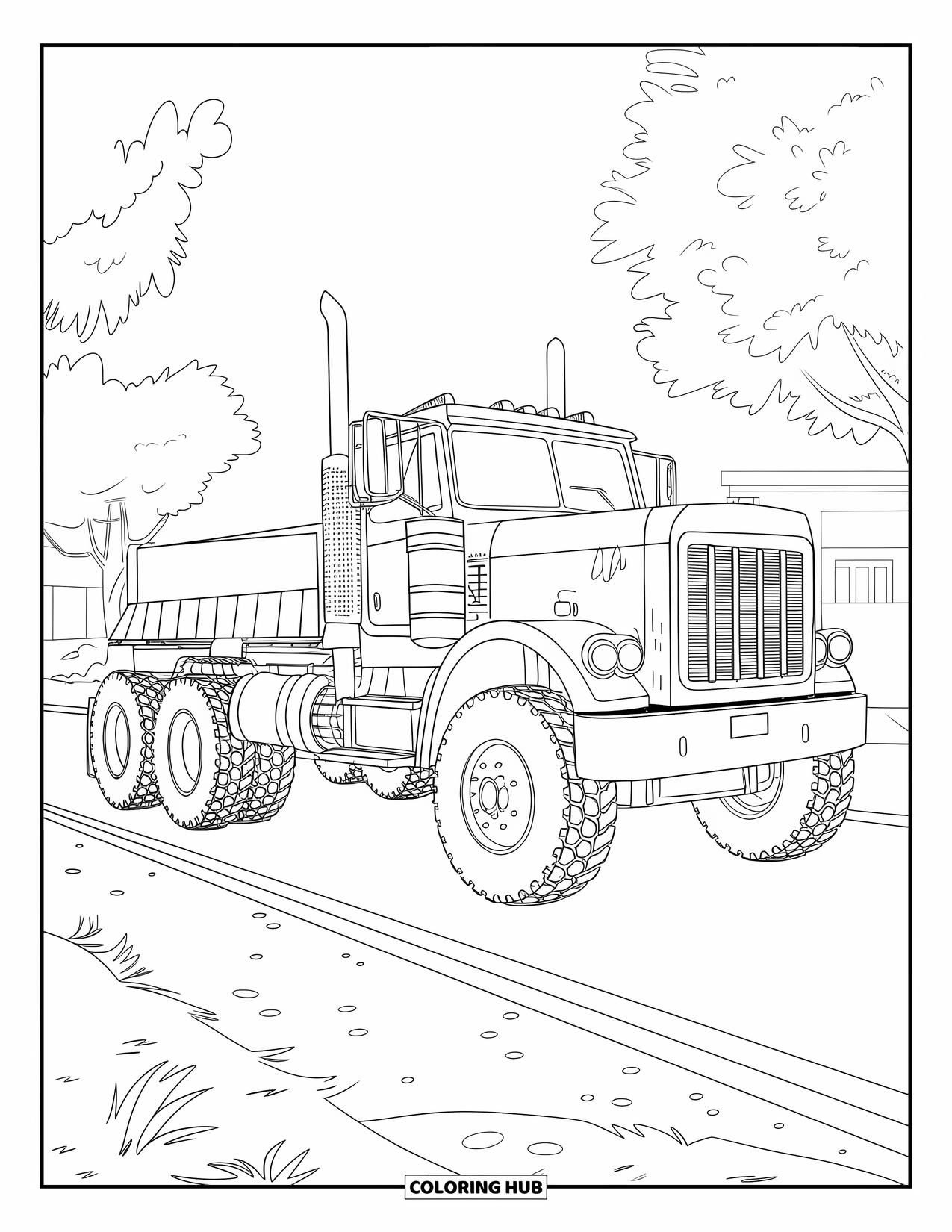 Diesel Truck Coloring Page for Kids: Diesel truck with smokestack and chunky tires parked by trees and a building