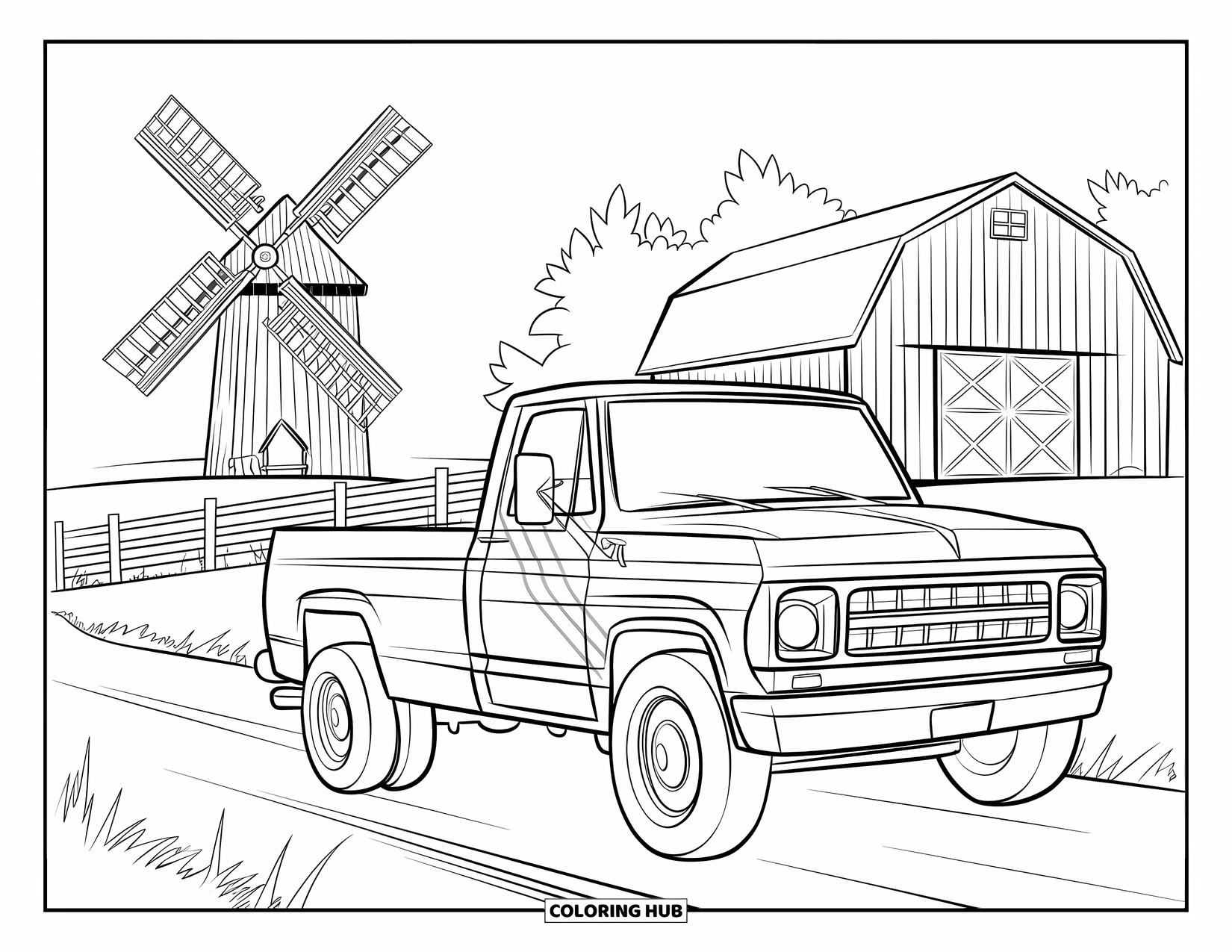 Diesel Truck Coloring Page for Kids: Farm scene with diesel truck, barn, windmill, and trees