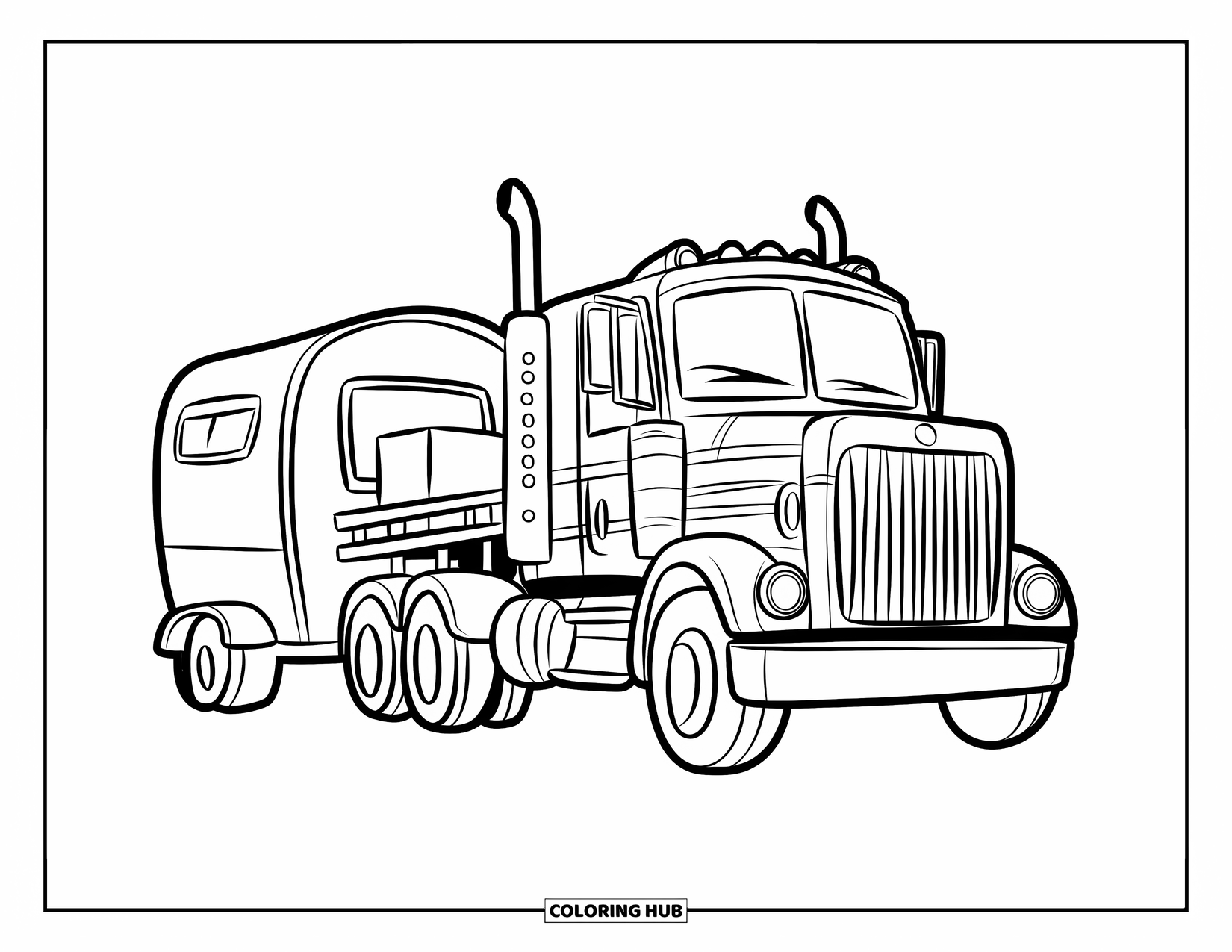 Diesel Truck Coloring Page for Kids: Playful diesel truck pulls mini trailer designed for kids