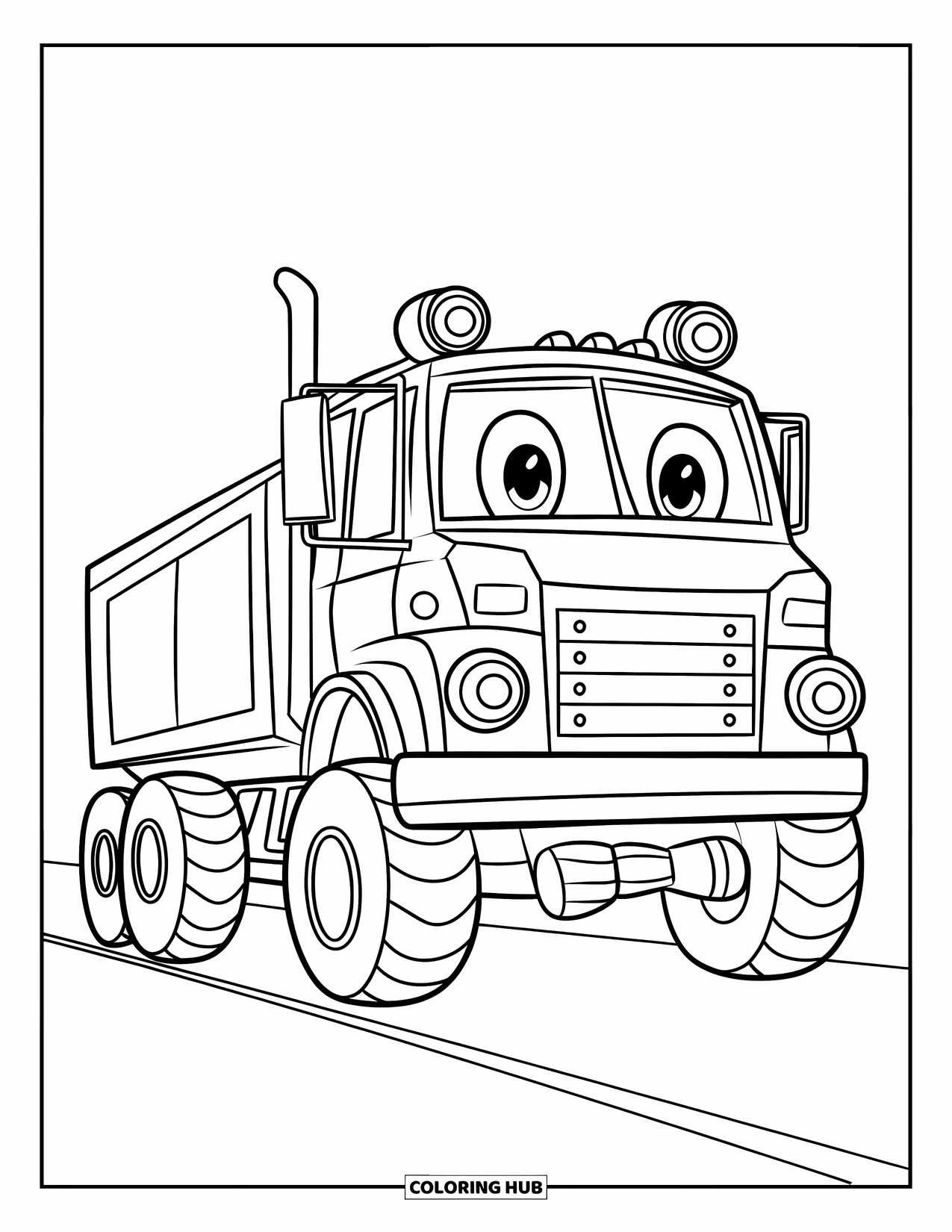 Diesel Truck Coloring Page for Kids: Playful diesel truck with bold wheels and smiling headlights on a road