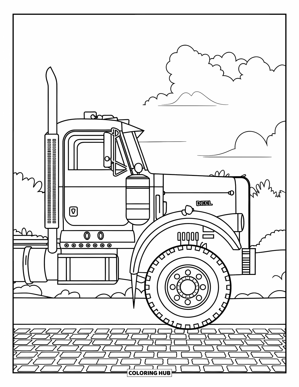Diesel Truck Coloring Page for Kids: Side view of a diesel truck on cobblestone road under cloudy sky