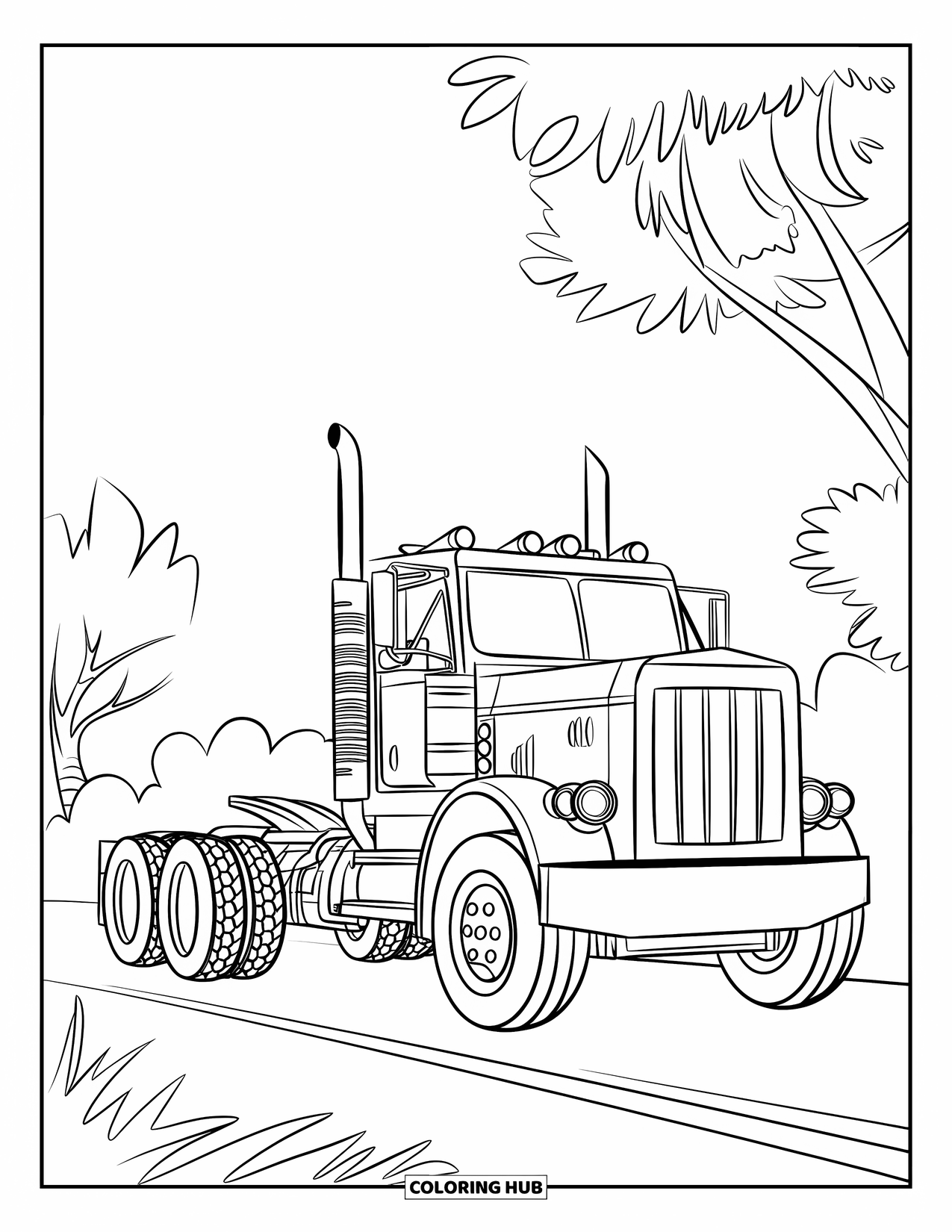 Diesel Truck Coloring Page for Kids: Side view of a truck with smokestack and chunky tires under a clear sky