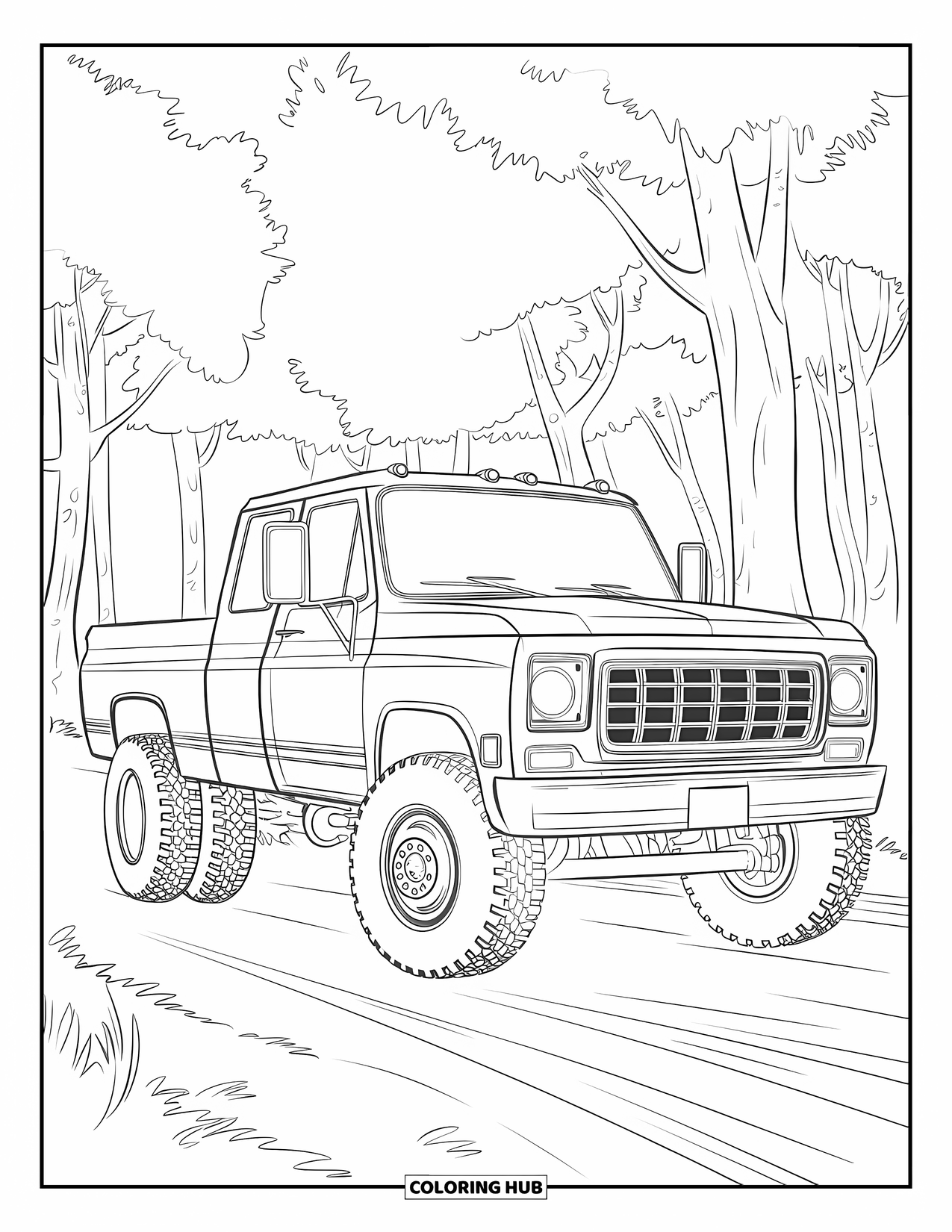 Diesel Truck Coloring Page for Kids: Three-quarter view of diesel truck with tires turned in forest