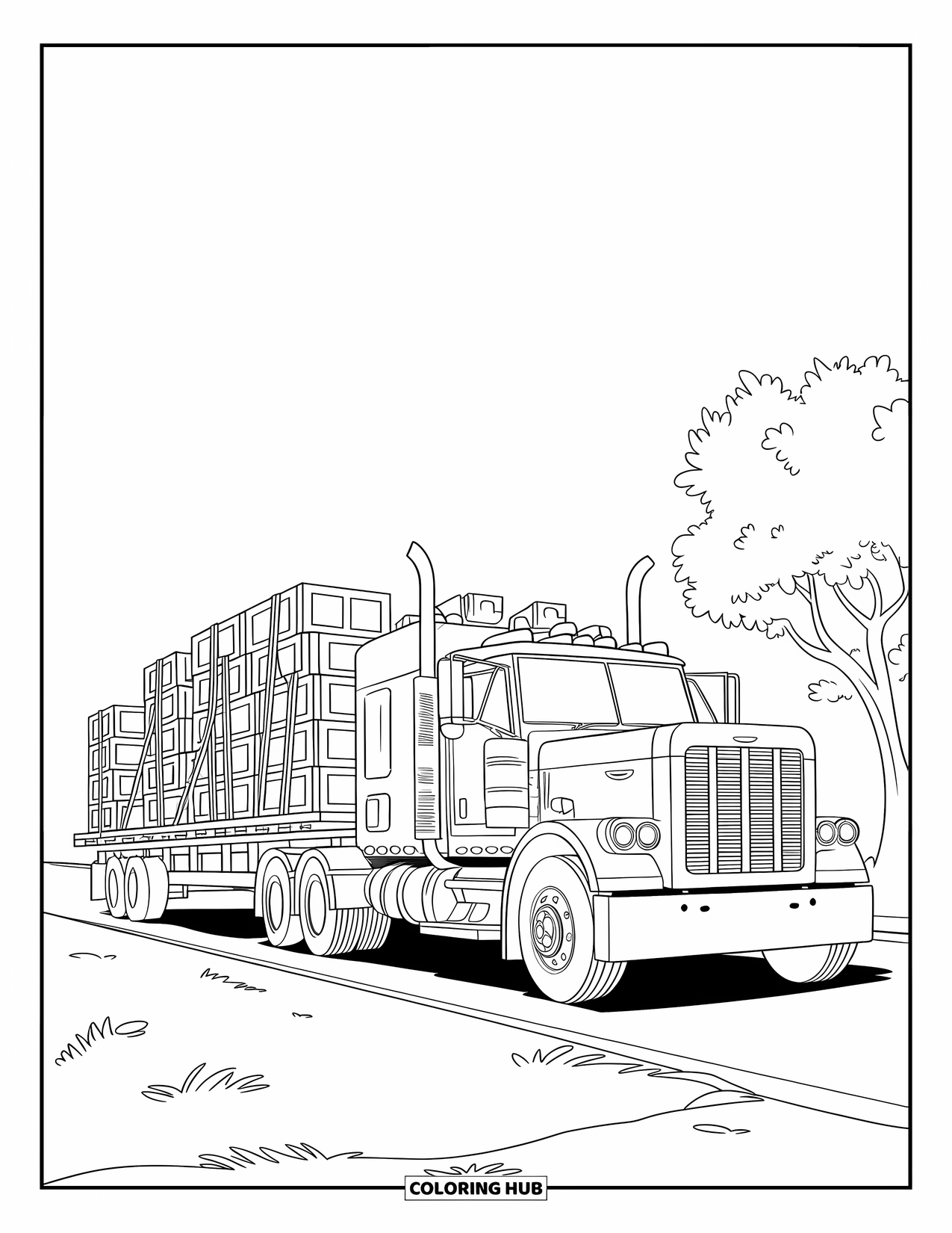 Diesel Truck Coloring Page for Kids: Truck hauling flatbed trailer stacked with crates on a road