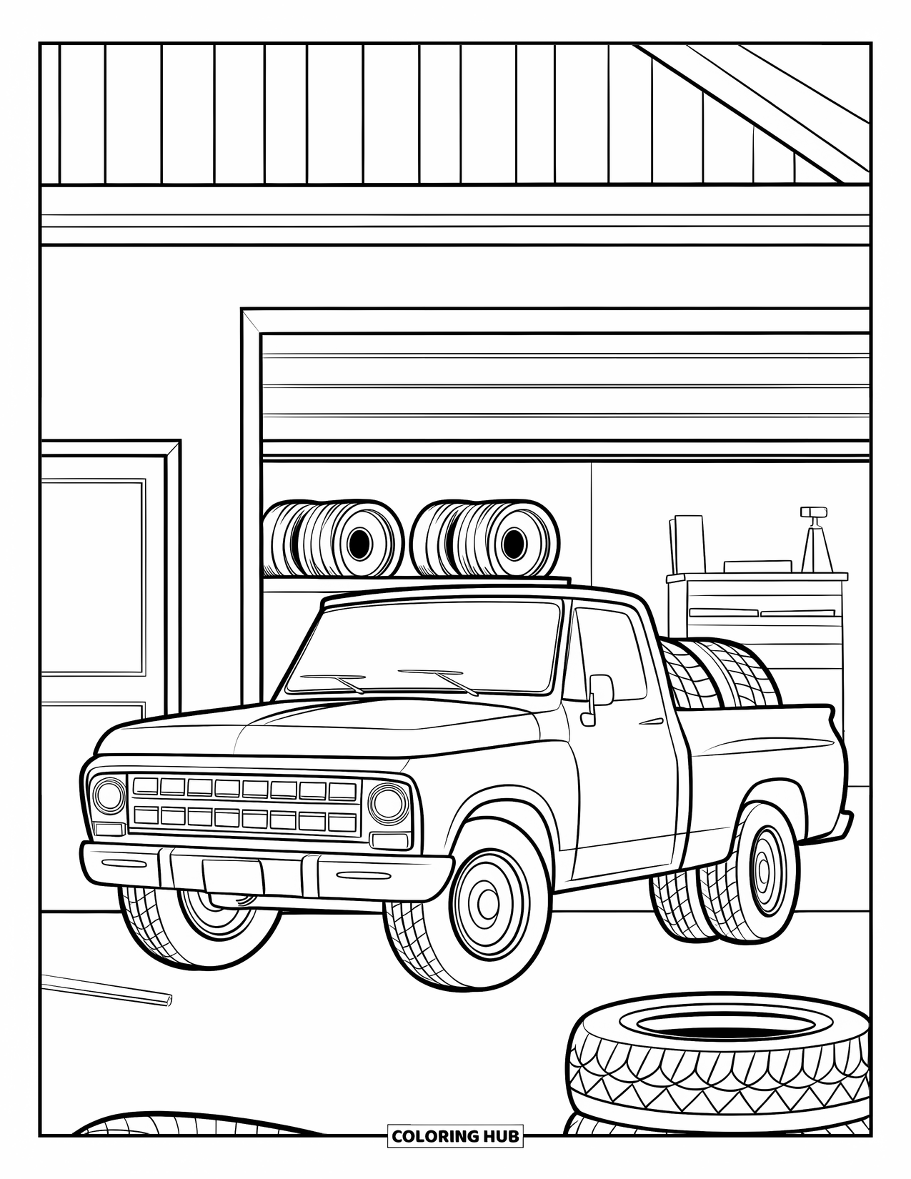Diesel Truck Coloring Page for Kids: Truck inside garage with shelves, door, and bold outlines