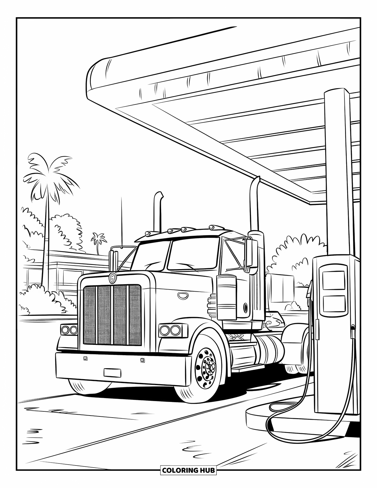Diesel Truck Coloring Page for Kids: Truck parked at gas station pump with palm trees behind