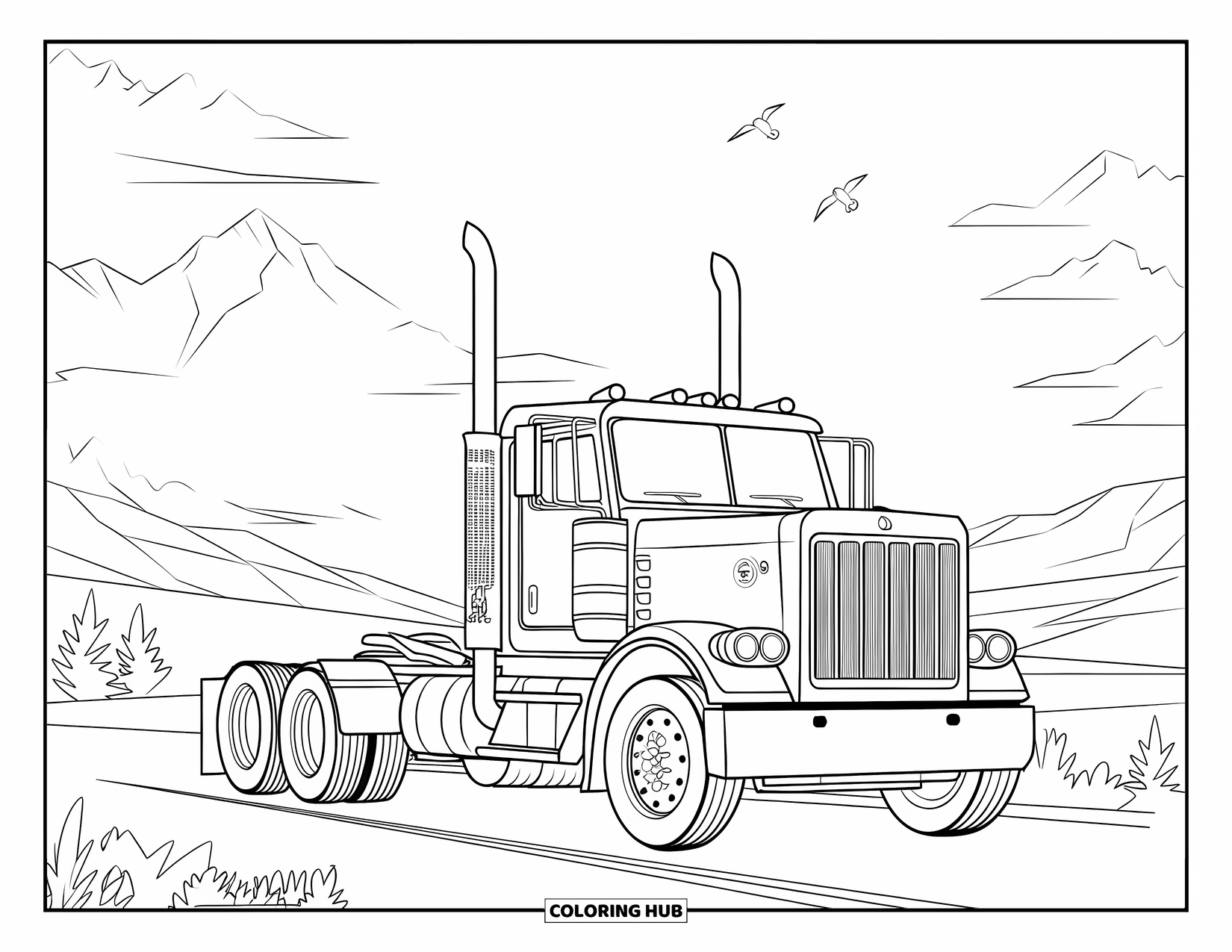 Diesel Truck Coloring Page for Kids: Truck parked on road with vast mountains and horizon view