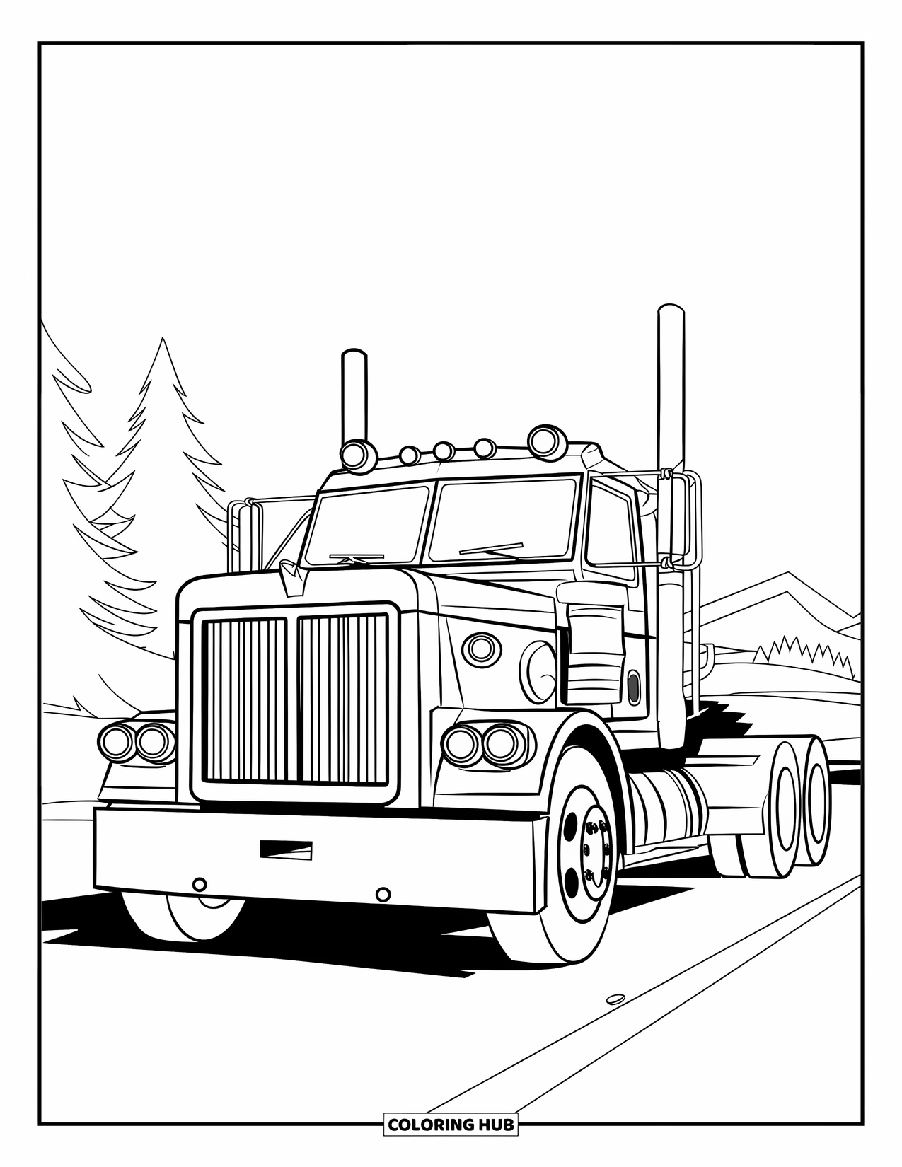Diesel Truck Coloring Page for Kids: Truck with oversized grille parked on a road with a mountain backdrop