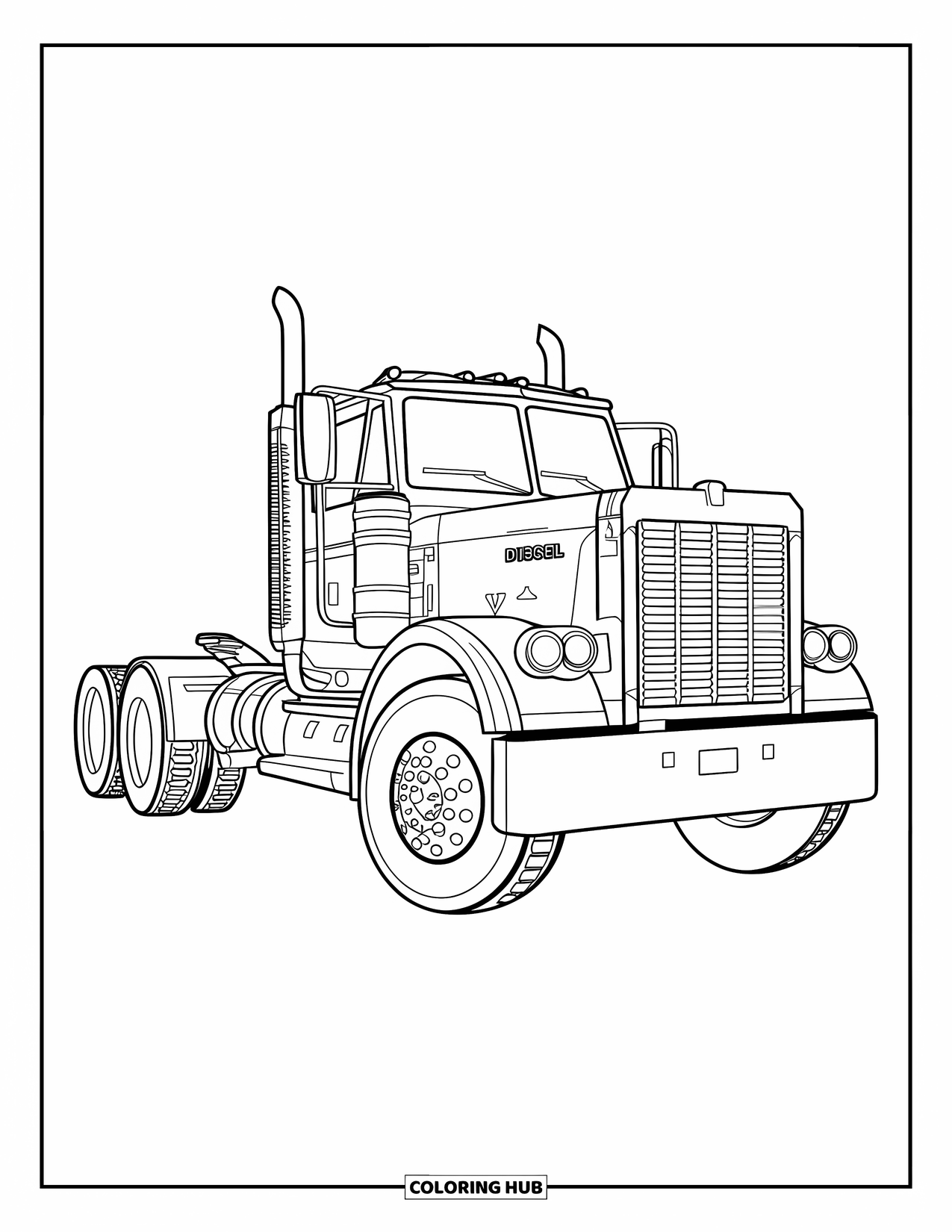 Diesel Truck Coloring Page for Kids: Truck with rugged grille and bold outlines on a white canvas