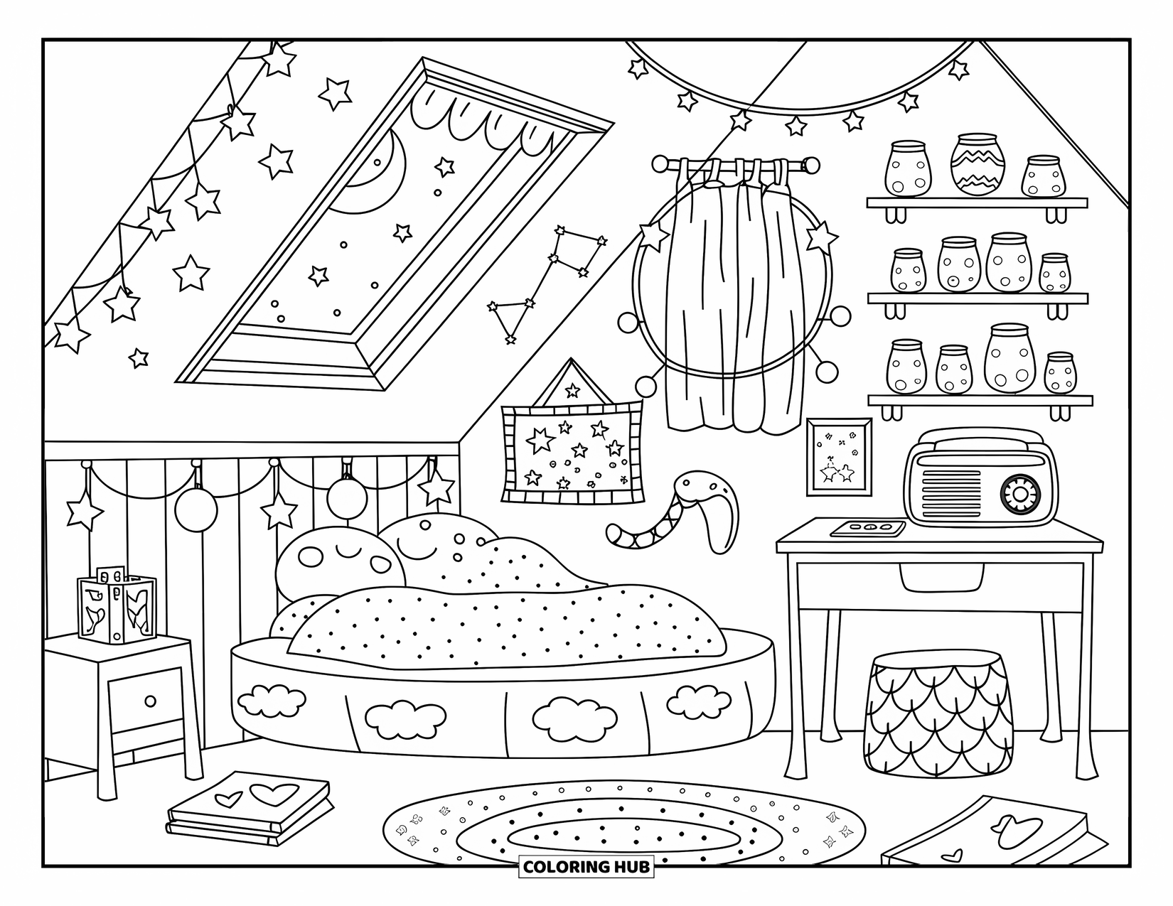 Dream Bedroom Coloring Page for Adults: A cozy attic bedroom with moon cushions and paper stars glowing under a skylight