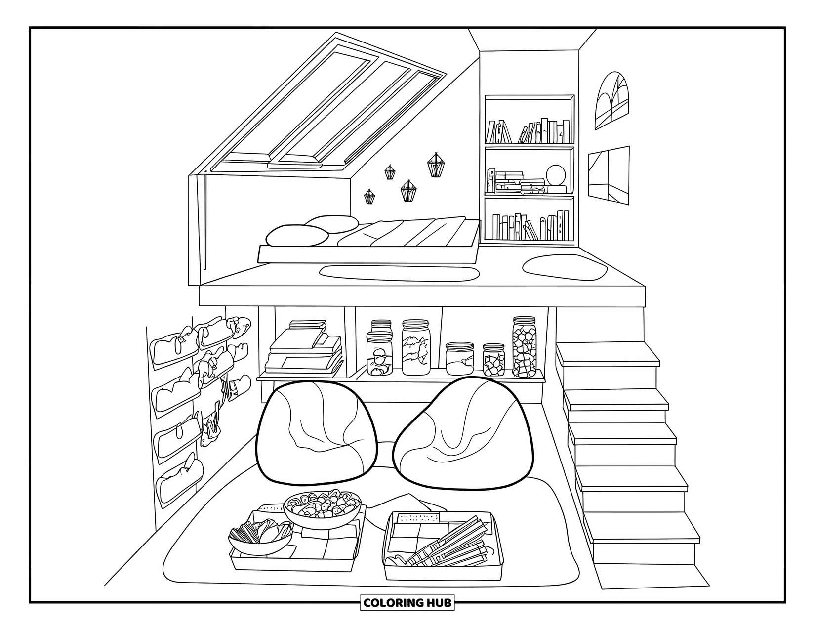Dream Bedroom Coloring Page for Adults: A cozy dream loft with soft rugs, snacks, journals, and a ladder of shelves
