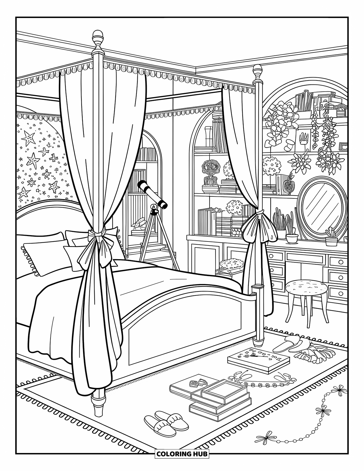 Dream Bedroom Coloring Page for Adults: A cozy room with a frilly canopy bed, potted plants, and a starry view
