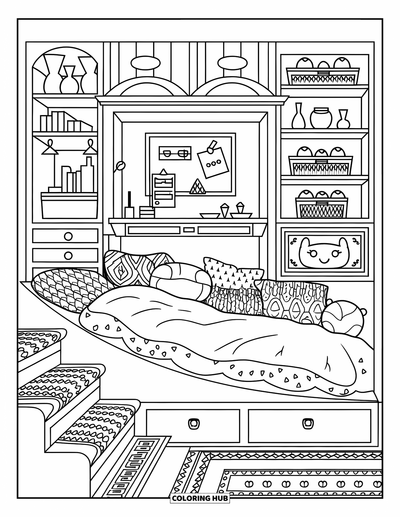 Dream Bedroom Coloring Page for Adults: A cozy sunken bed with plush blankets, nearby shelves, and a creative desk corner