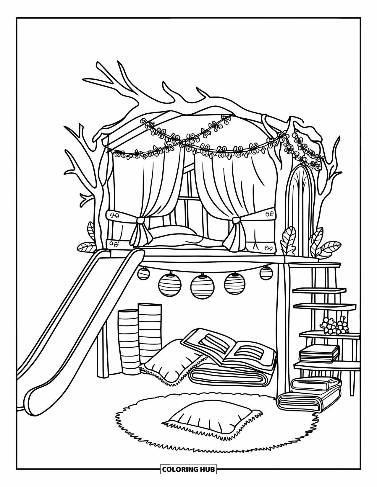 Dream Bedroom Coloring Page for Adults: A cozy upper-bed treehouse with a slide, soft lights, and a hidden reading den