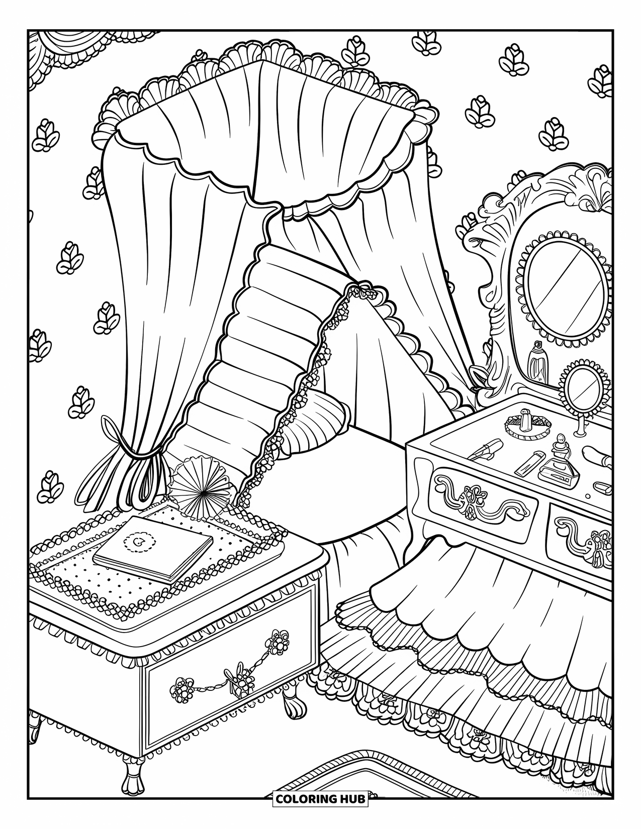 Dream Bedroom Coloring Page for Adults: A dollhouse-inspired room with a house-shaped canopy bed and dainty floral curtains