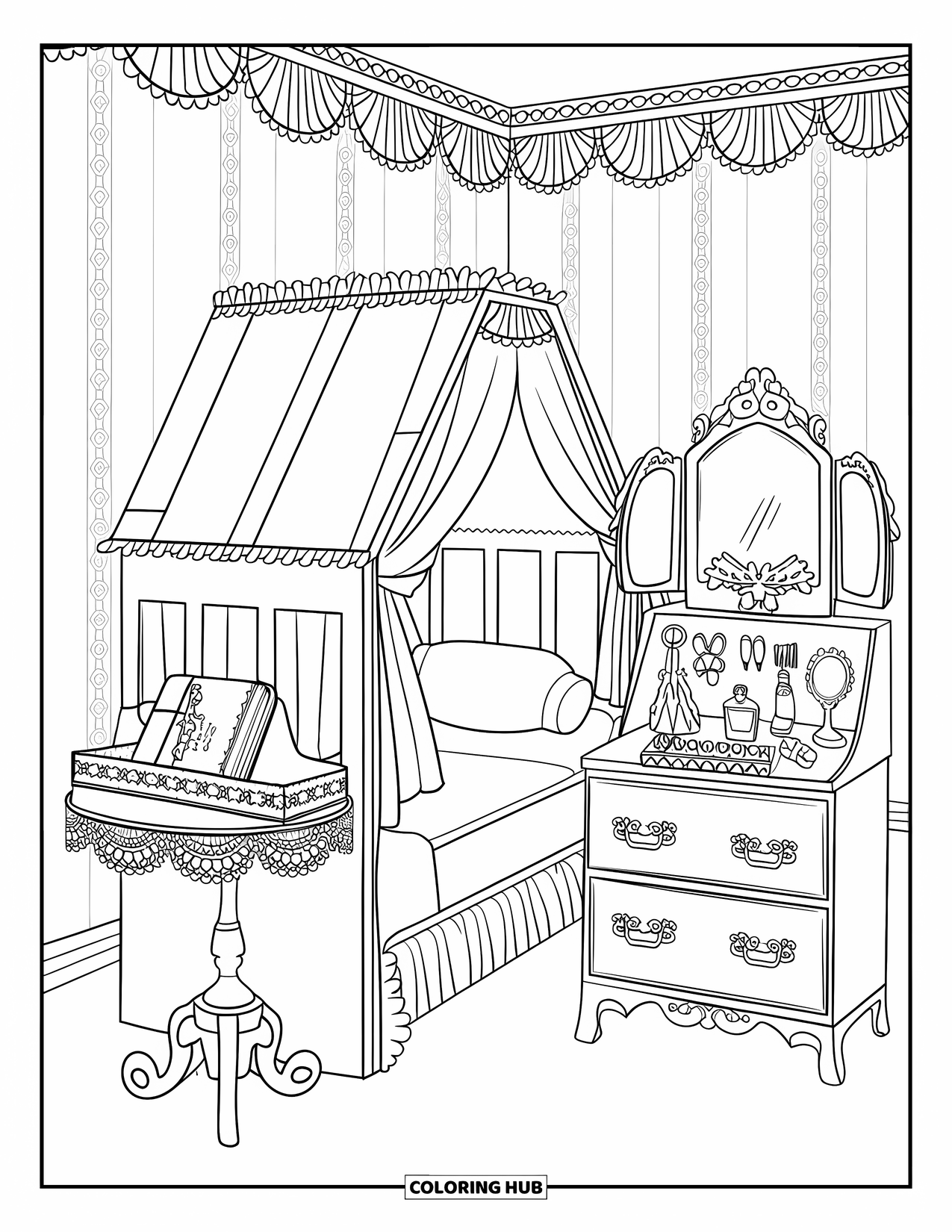 Dream Bedroom Coloring Page for Adults: A dollhouse-style space with ruffled curtains, a fancy bed, and tiny vanity treasures