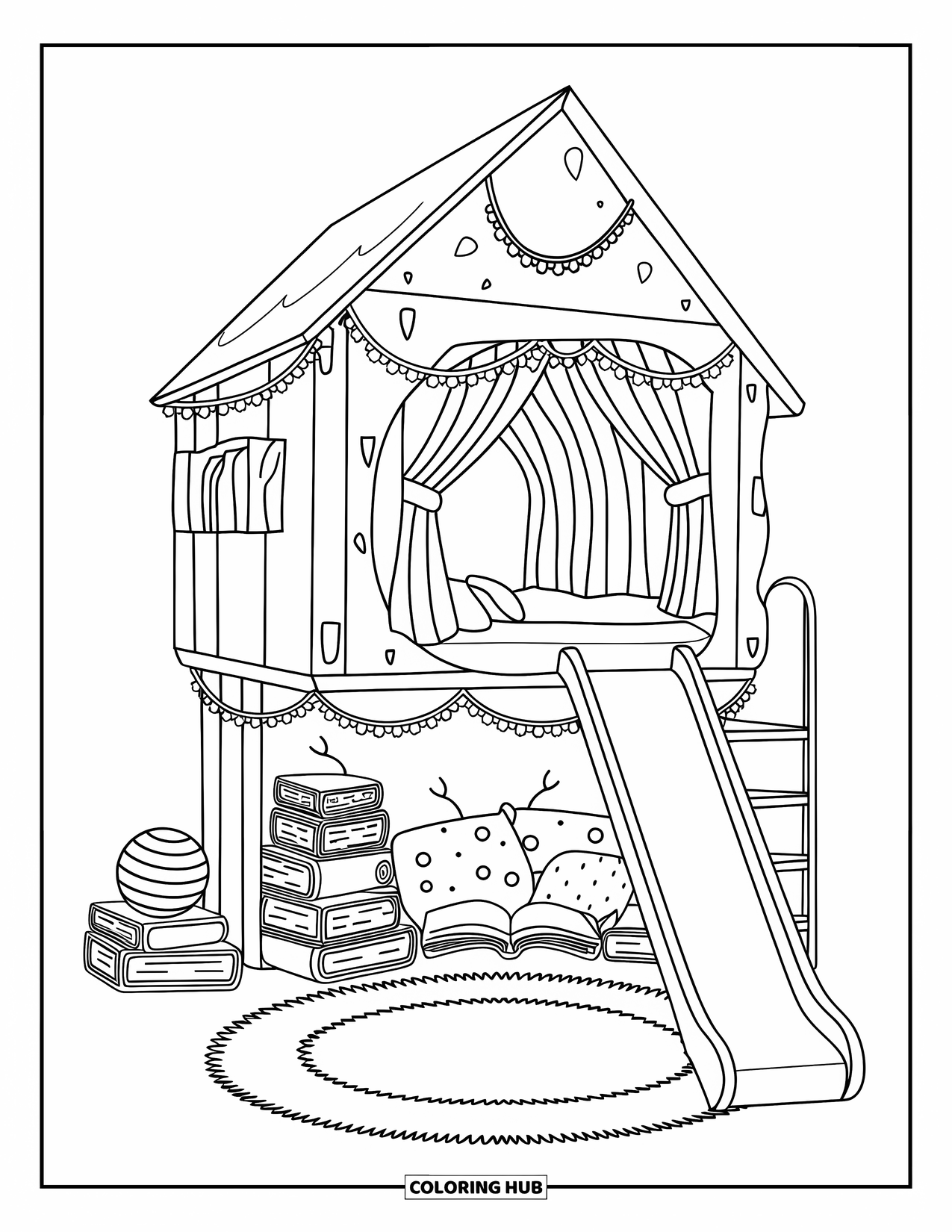 Dream Bedroom Coloring Page for Adults: A dreamy loft with a slide, fairy lights, and a reading nook filled with floor pillows