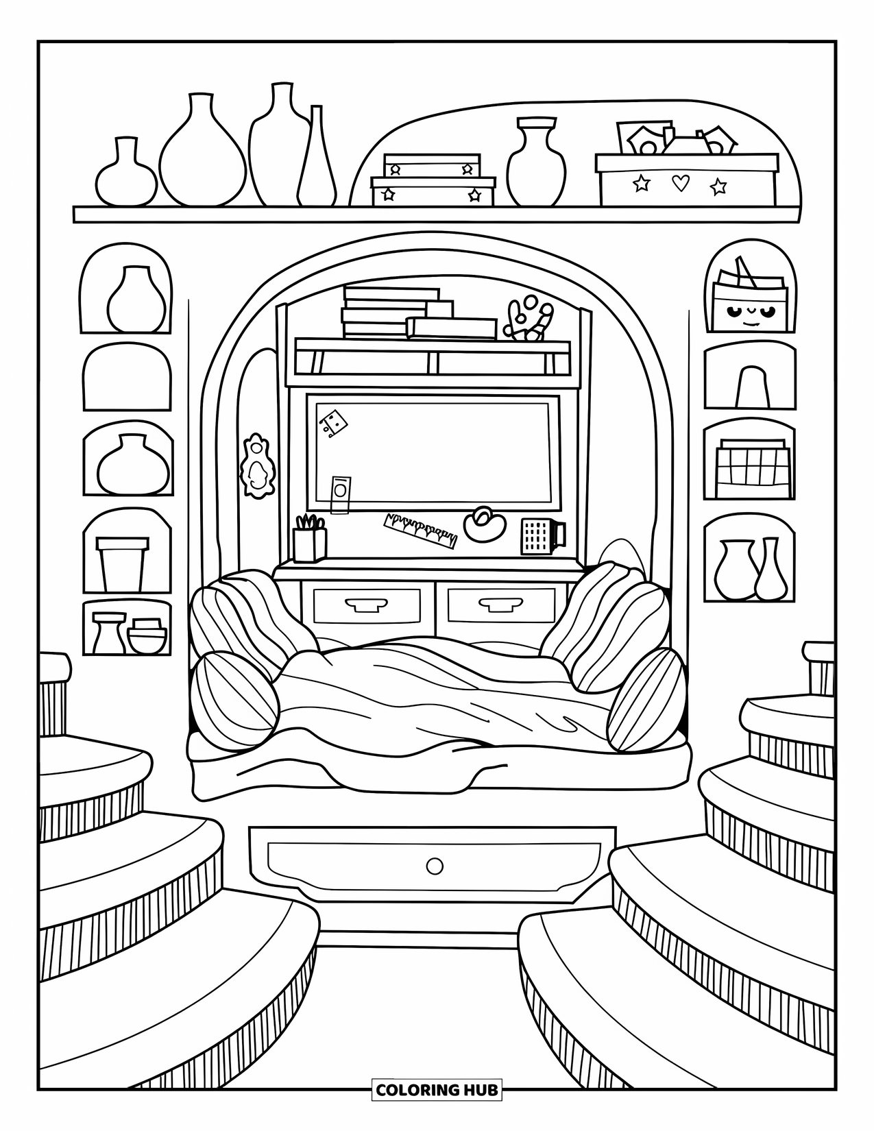 Dream Bedroom Coloring Page for Adults: A dreamy recessed bed setup with shelves full of jars and a built-in desk nook
