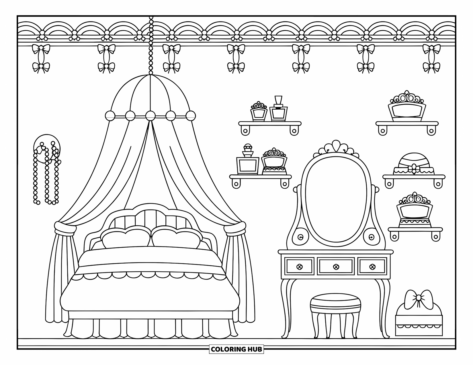 Dream Bedroom Coloring Page for Adults: A dreamy room with bows, floral shelves, and lace-filled drawers beside a mirror