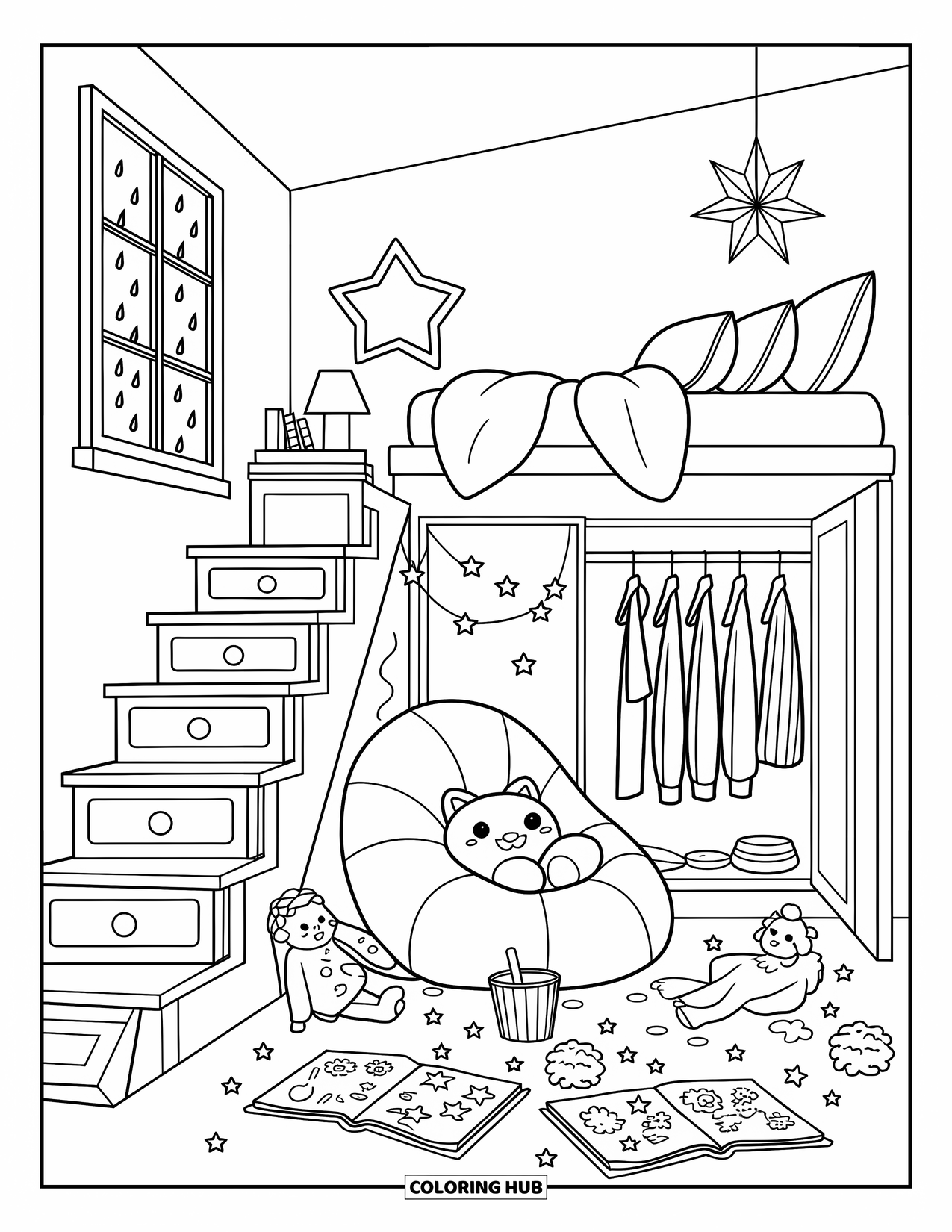 Dream Bedroom Coloring Page for Adults: A hideout under the bed with coloring books and soft beanbags lights up this room