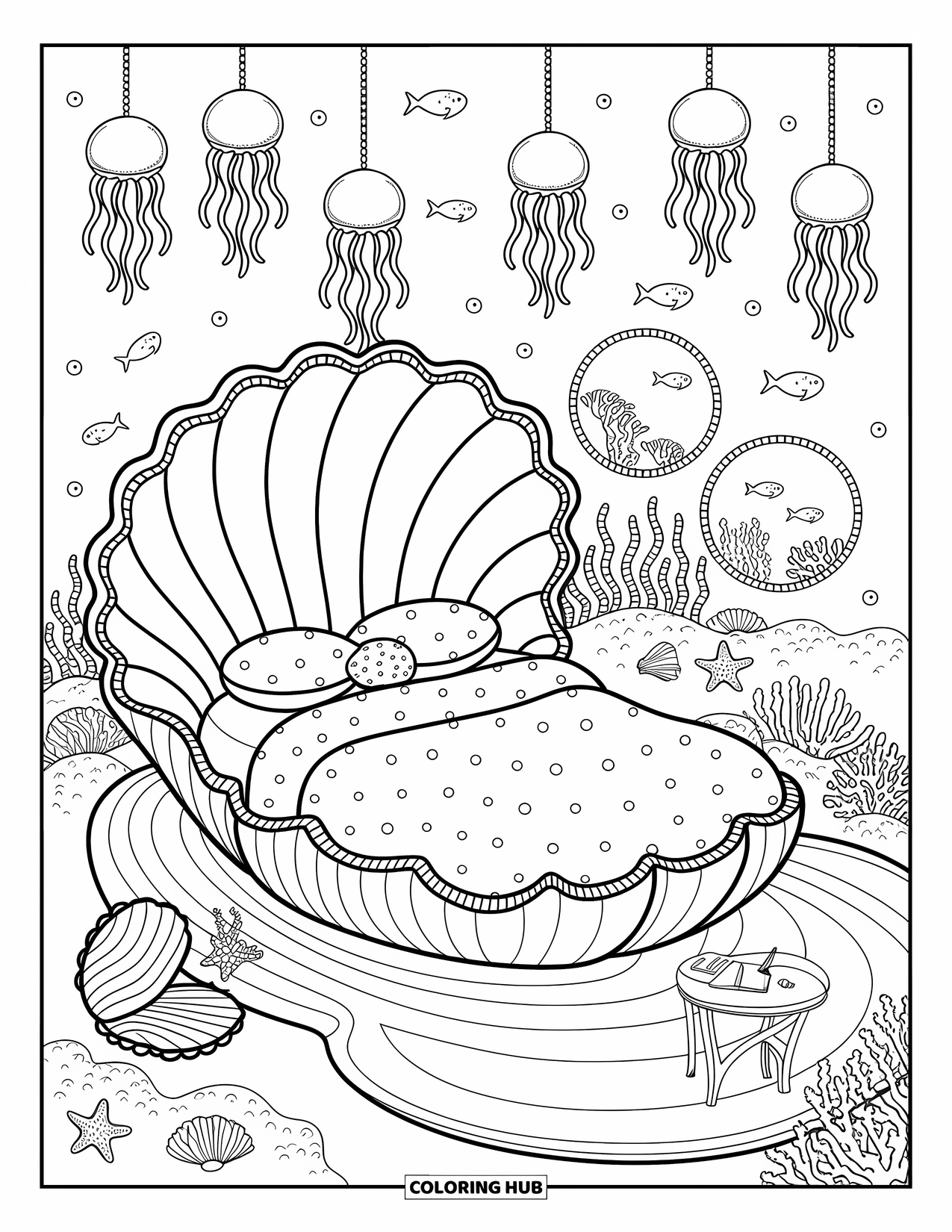 Dream Bedroom Coloring Page for Adults: A magical sea-themed room with wave blankets, coral rugs, and a clam-shaped desk