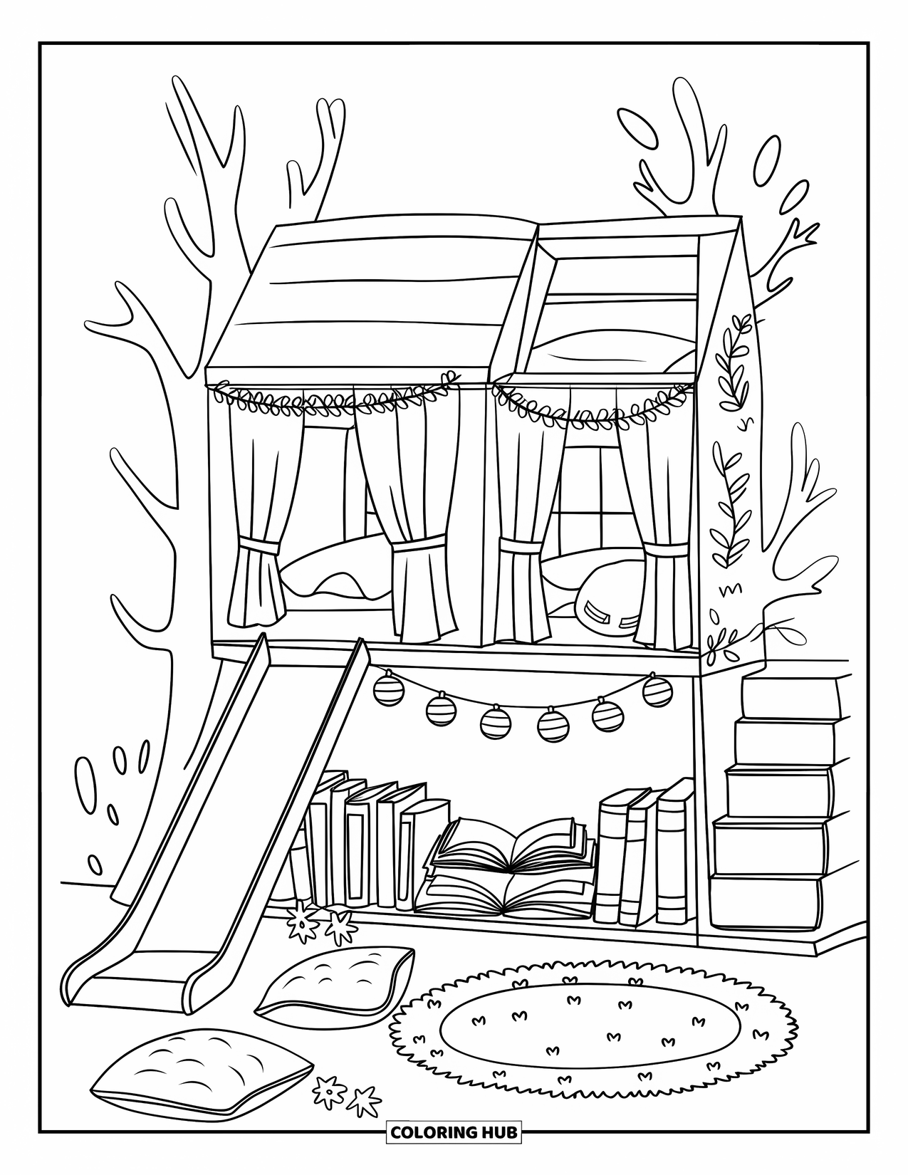 Dream Bedroom Coloring Page for Adults: A playful elevated bed with a leafy garland, paper lanterns, and books all around