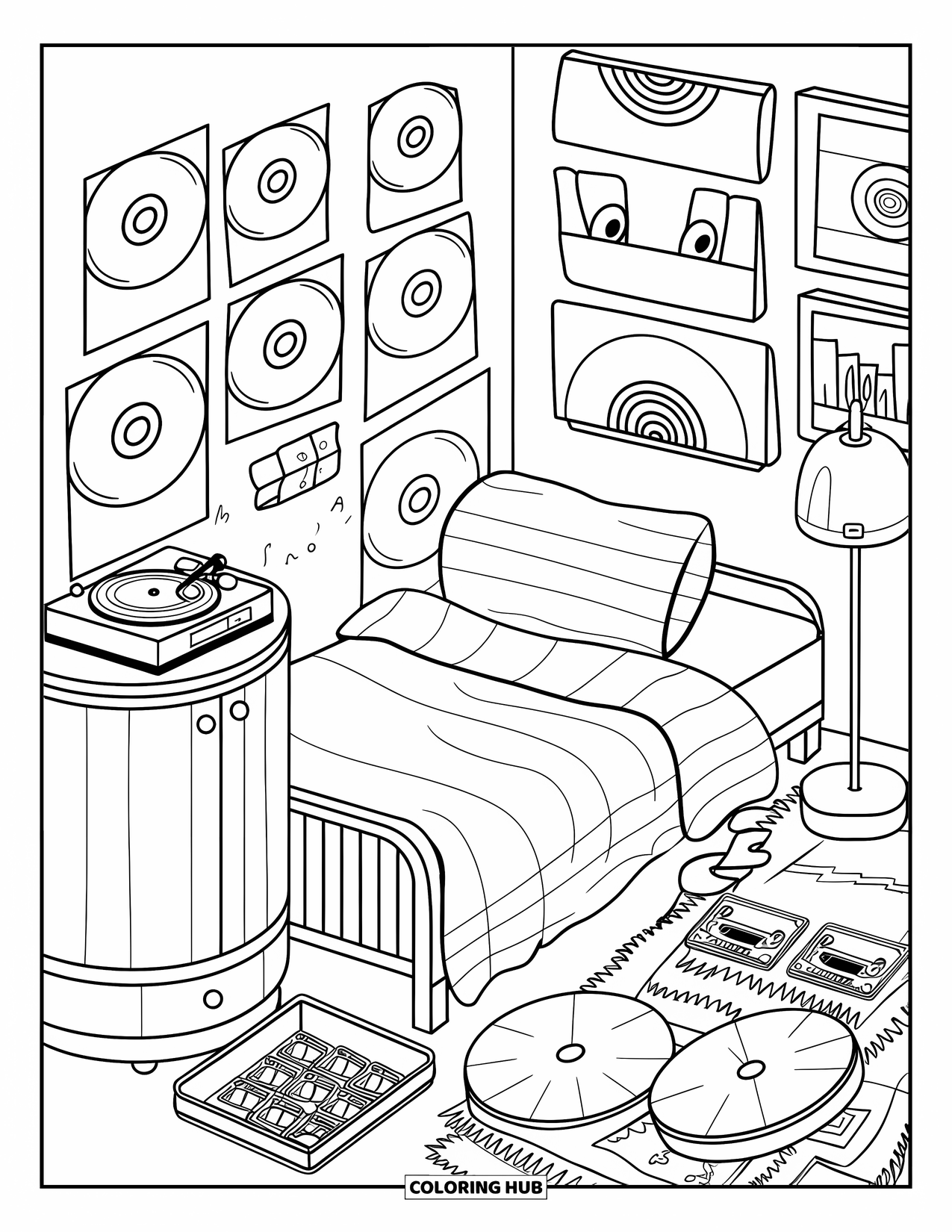 Dream Bedroom Coloring Page for Adults: A retro-inspired space with music art, cozy bedding, and a cute headphone setup