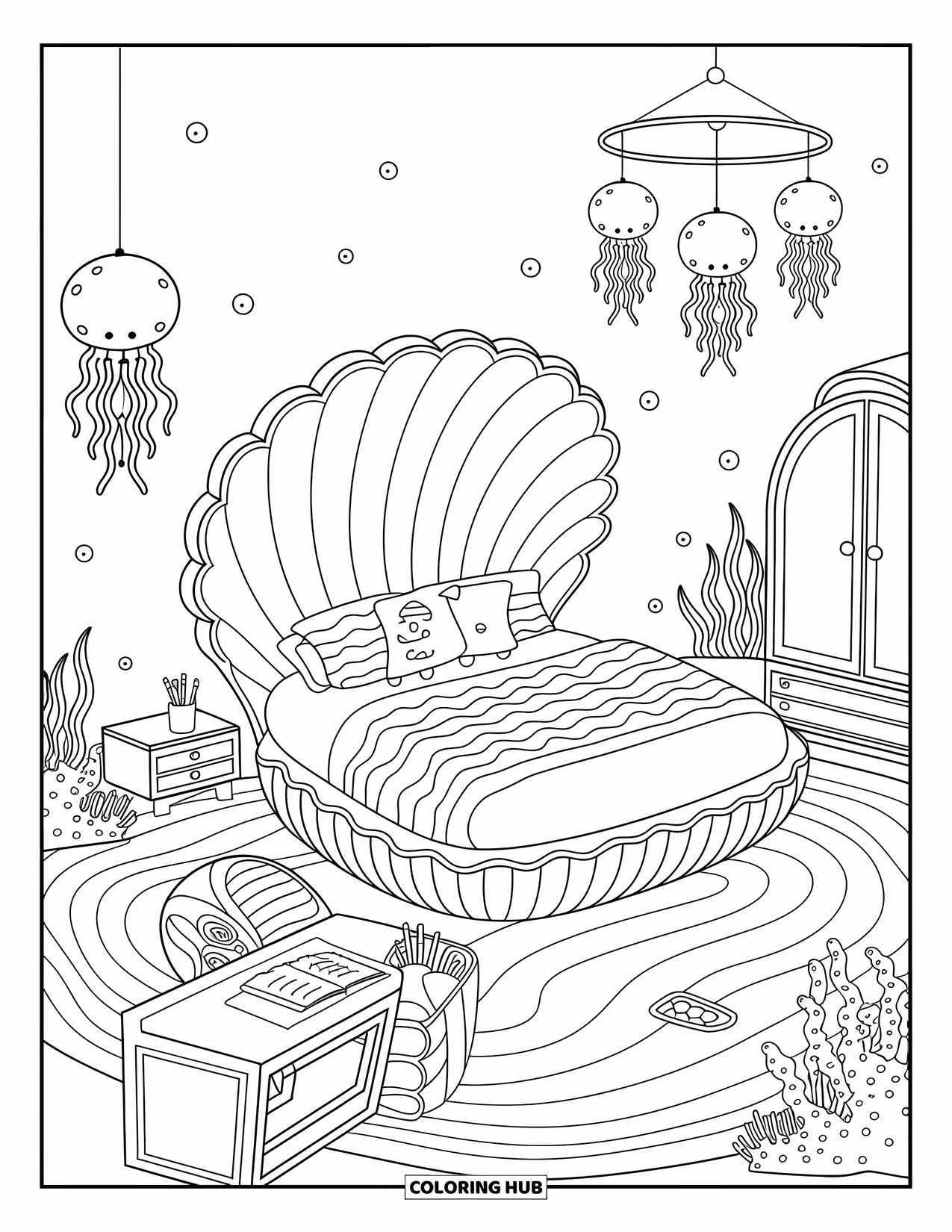 Dream Bedroom Coloring Page for Adults: A shell bed and jellyfish lights fill this dreamy undersea hideout with charm