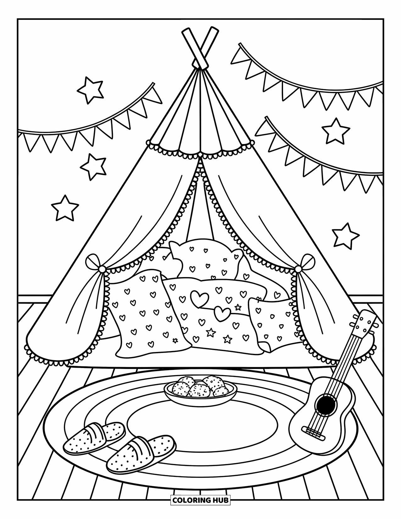 Dream Bedroom Coloring Page for Adults: A sweet bedroom tent with cookies, pillows, bunting, and a ukulele leaning nearby