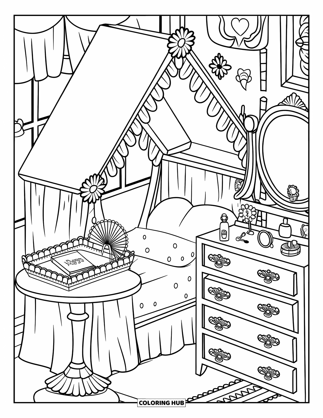 Dream Bedroom Coloring Page for Adults: A sweet room with a house-frame bed, delicate fan tray, and tiny perfume-filled drawers