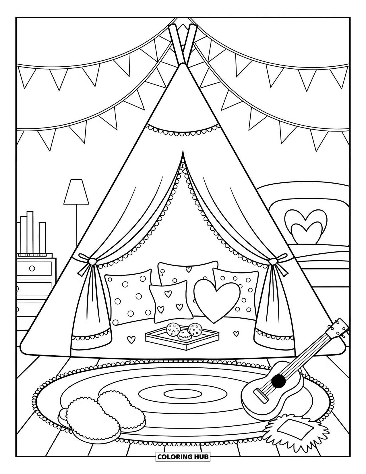 Dream Bedroom Coloring Page for Adults: Inside a cozy tent, cookies and star pillows make the room feel magical
