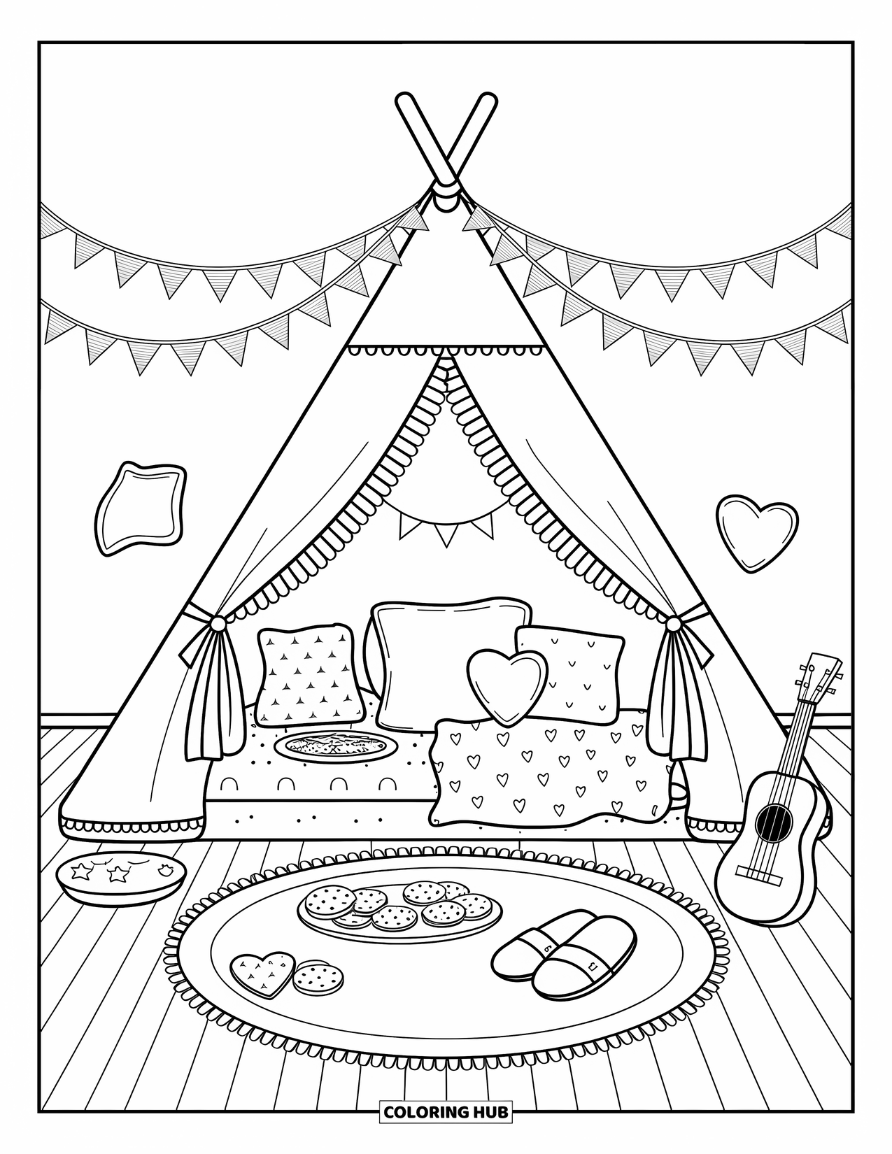 Dream Bedroom Coloring Page for Adults: This playful room has a blanket-filled tent, ukulele, and cozy rug outside