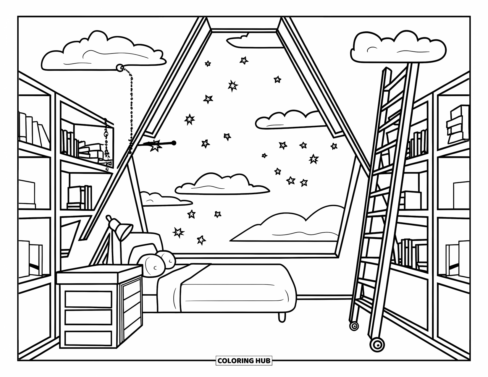Dream Bedroom Coloring Page for Kids: A bed under a skylight rests beside towering bookshelves and a tiny writing desk