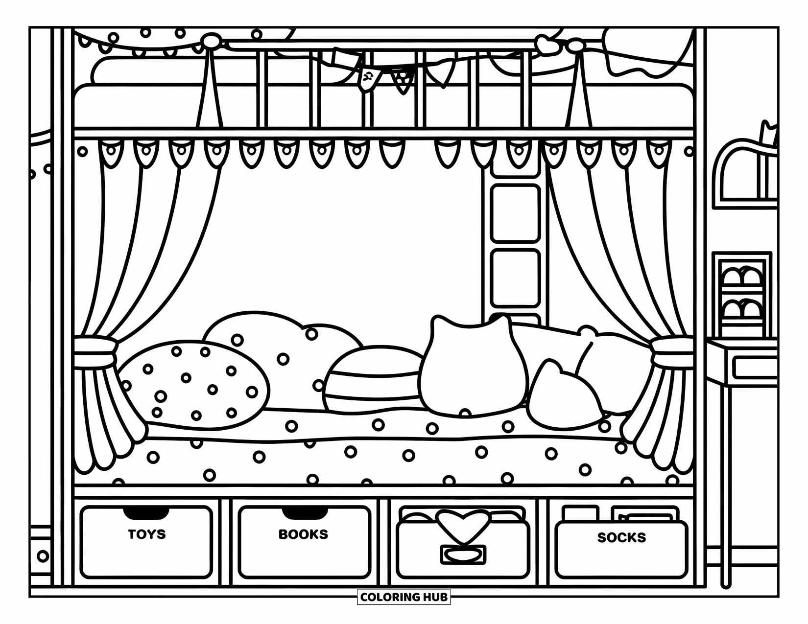 Dream Bedroom Coloring Page for Kids: A bunk bed with fairy lights, flags, and storage drawers makes a cozy hangout