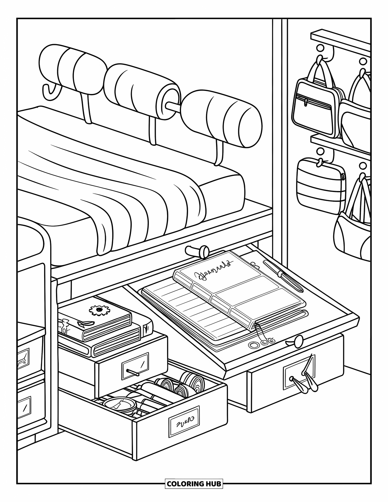 Dream Bedroom Coloring Page for Kids: A compact loft bedroom with pastel supplies, hook shelves, and a pull-out desk