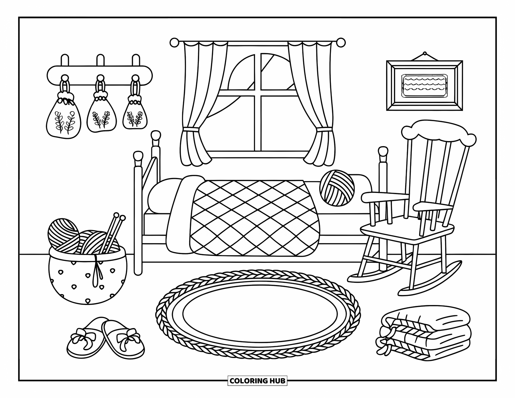 Dream Bedroom Coloring Page for Kids: A countryside room with a quilted bed, rocking chair, and cozy yarn basket
