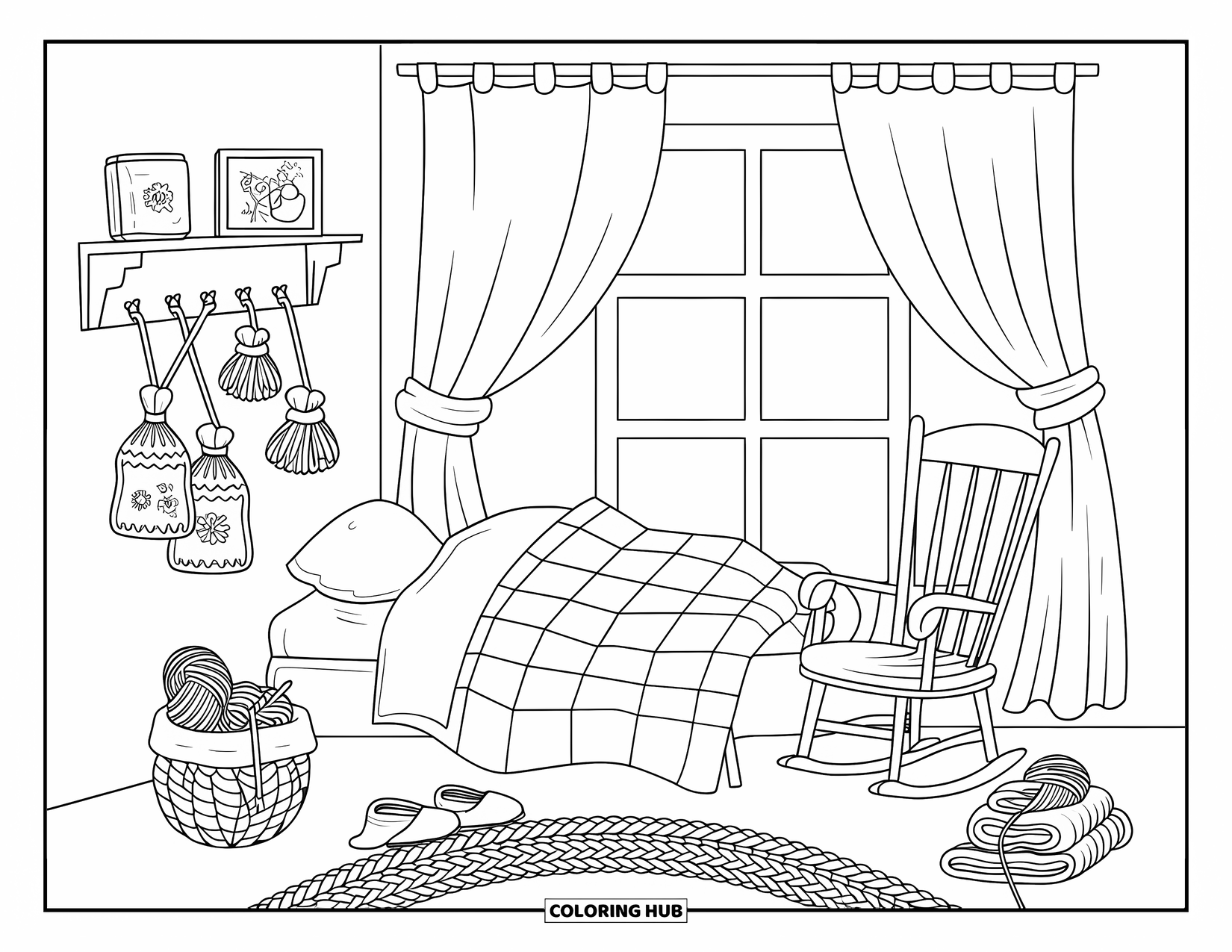 Dream Bedroom Coloring Page for Kids: A cozy bedroom with quilted bedding, yarn, and cute pouches on a peg shelf