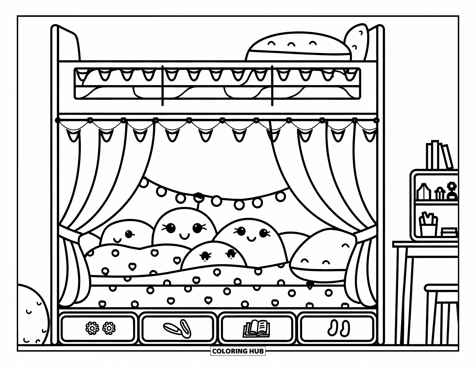 Dream Bedroom Coloring Page for Kids: A cozy bunk setup with twinkle lights, flags, and soft pillows feels super fun