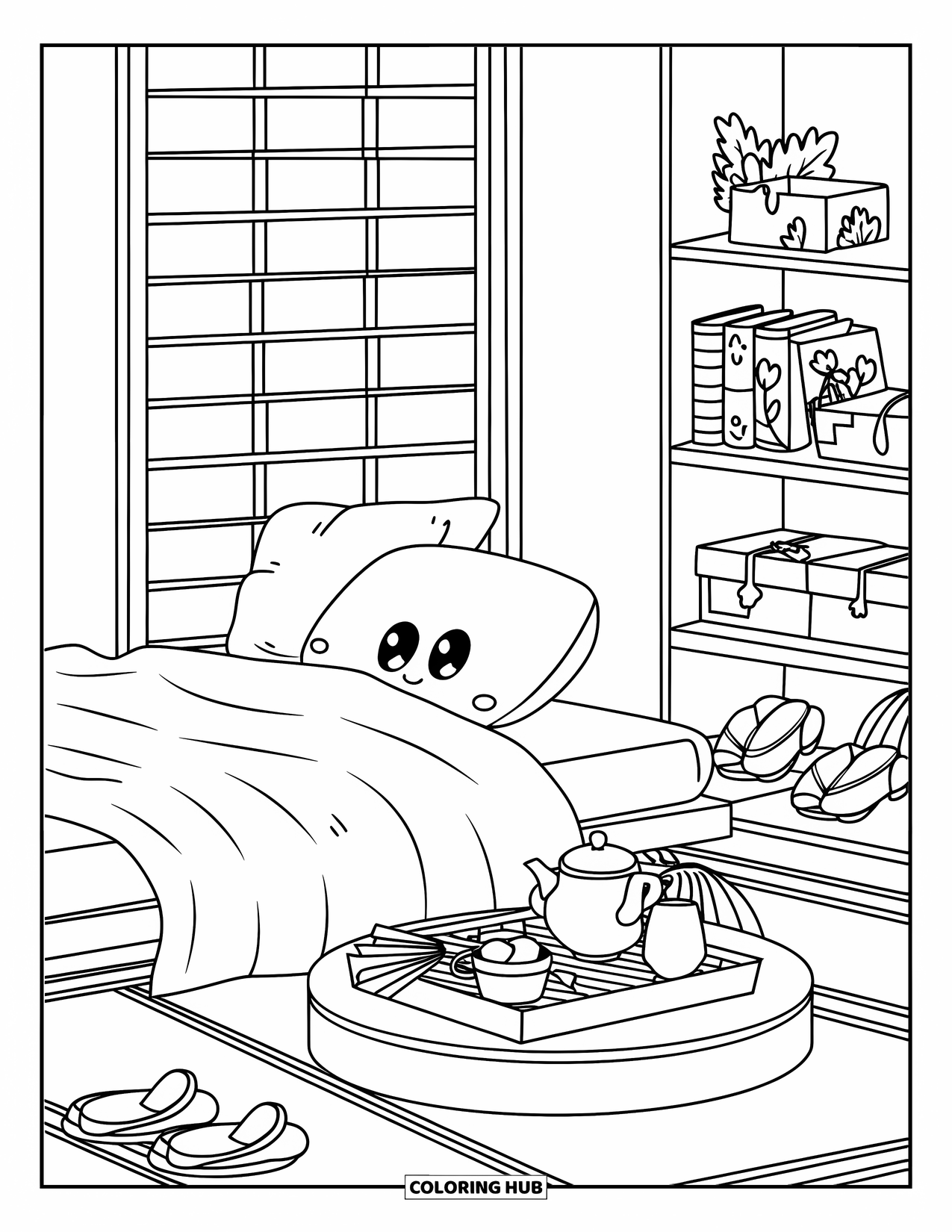 Dream Bedroom Coloring Page for Kids: A futon and tiny tea table make this Japanese-style bedroom peaceful and warm