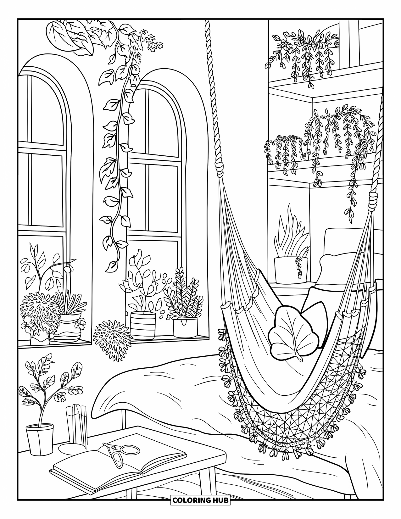 Dream Bedroom Coloring Page for Kids: A hammock and tall windows make this plant-filled bedroom calm and sunny