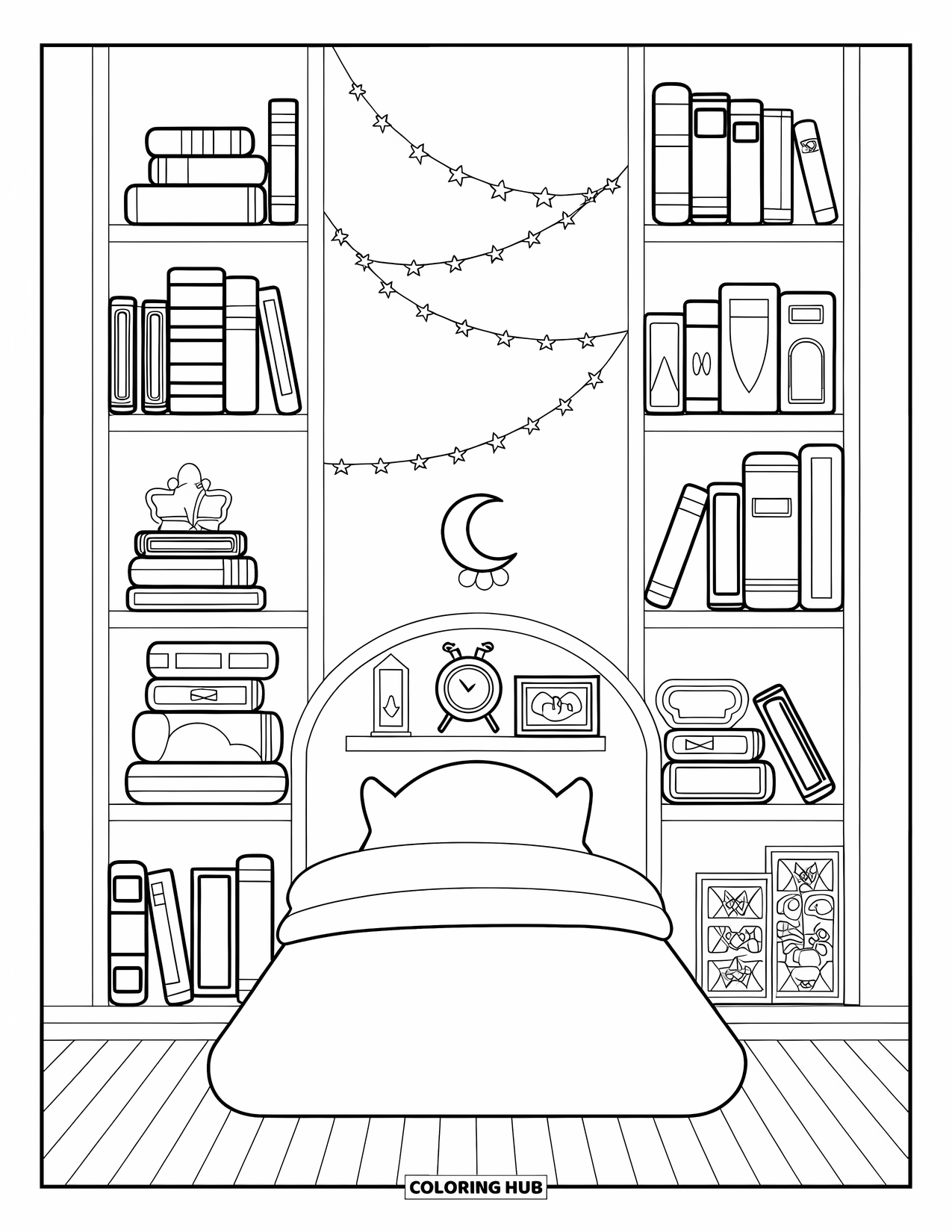 Dream Bedroom Coloring Page for Kids: A low bed surrounded by bookshelves and paper stars makes the coziest reading nook