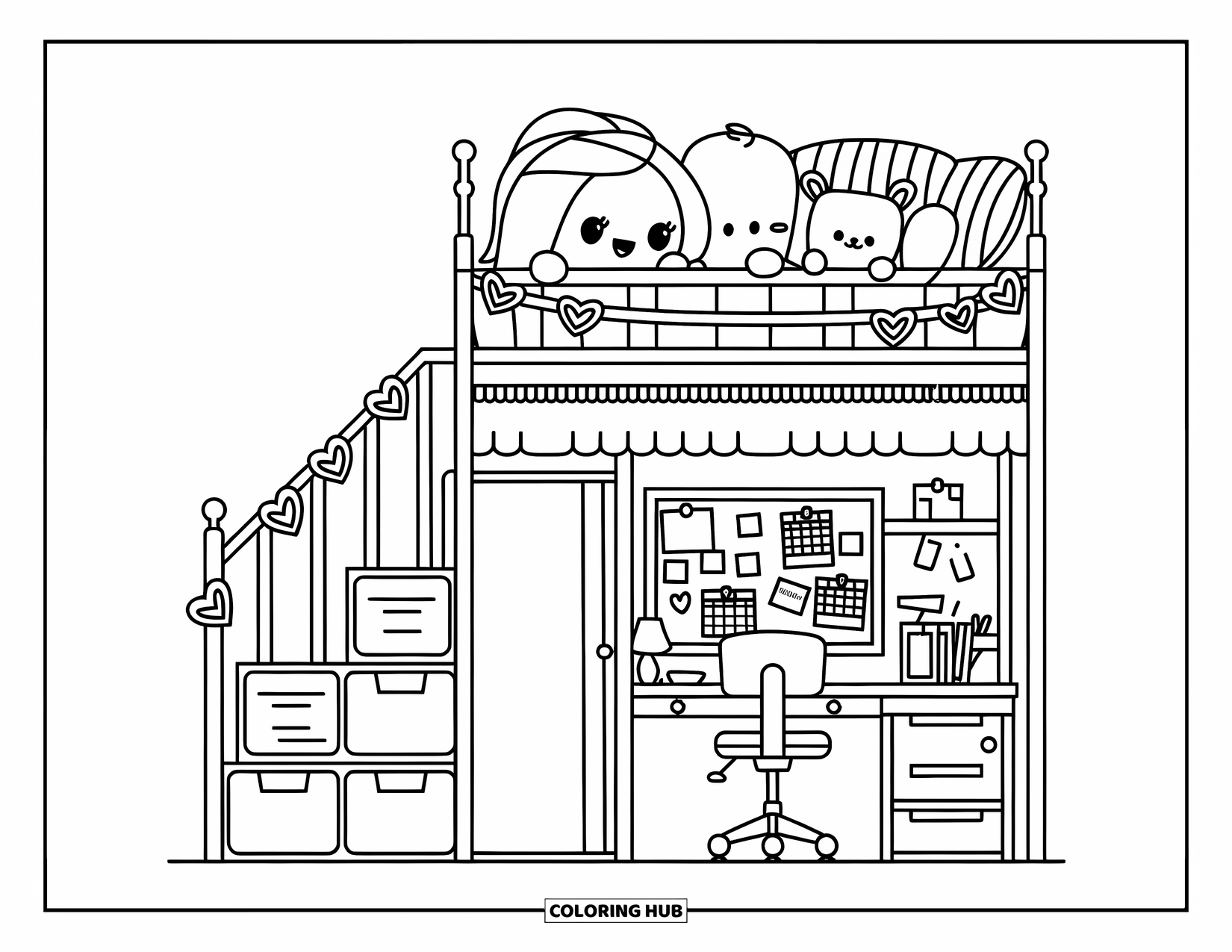 Dream Bedroom Coloring Page for Kids: A plush loft bed with cubby stairs and a mini desk makes studying cute