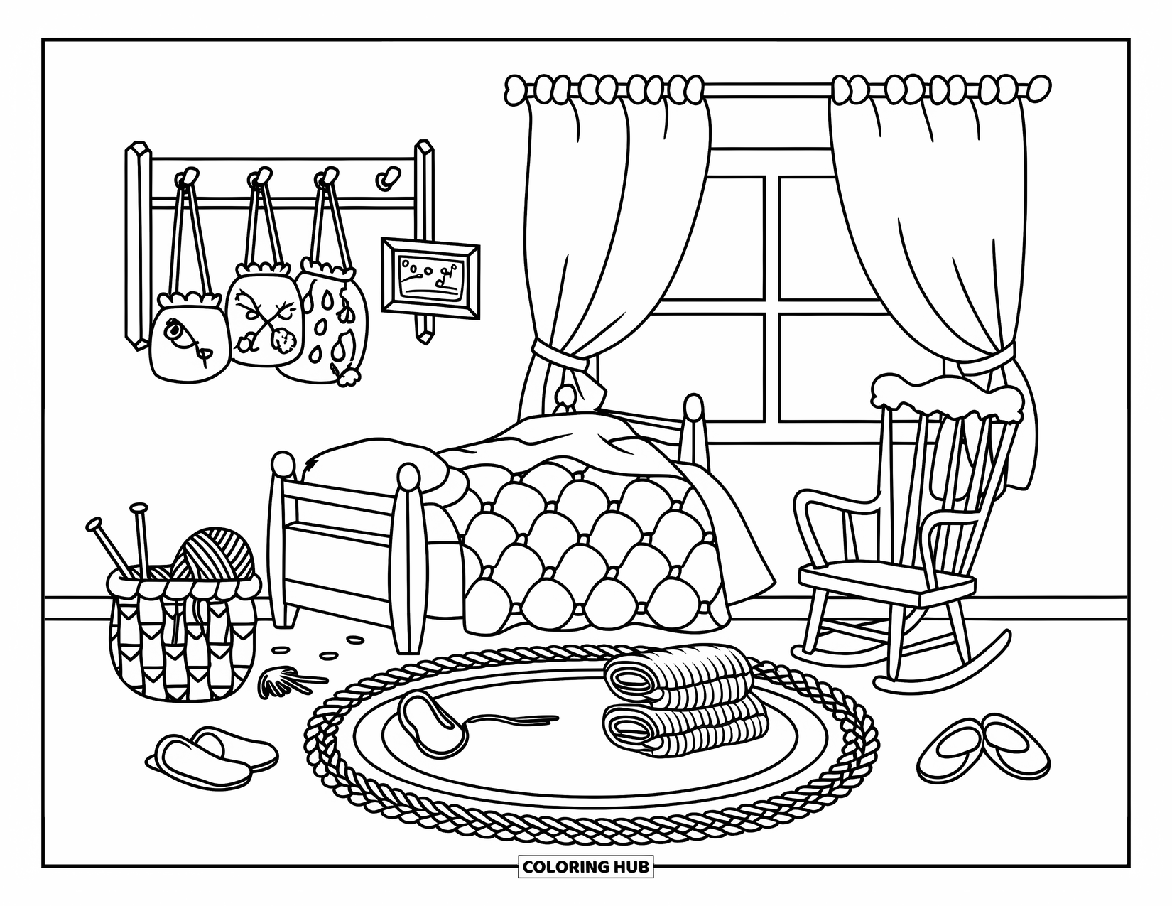 Dream Bedroom Coloring Page for Kids: A quilt-covered bed and rocking chair sit beside a peg shelf and braided rug