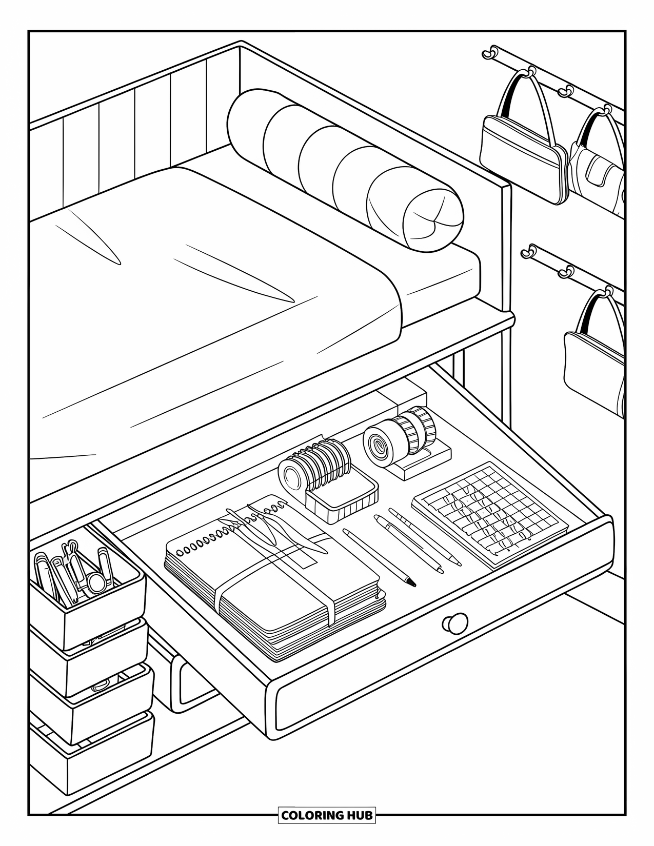 Dream Bedroom Coloring Page for Kids: A raised bed with a pull-out desk and cute organizers keeps things tidy and fun