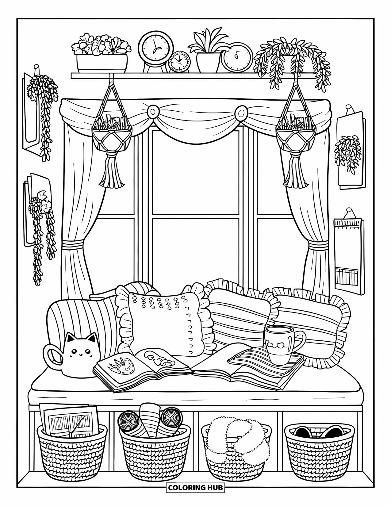 Dream Bedroom Coloring Page for Kids: A soft bench and flowing curtains create a peaceful bay window reading nook
